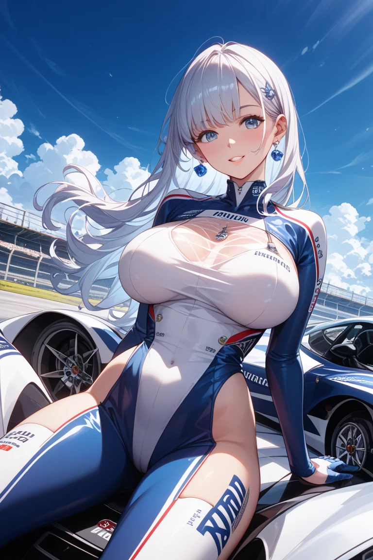 Masterpiece, Best Quality, finelydetail, high resolucion, Extremely delicate and beautiful, Huge breasts, thick-thighs, slim waist, Platinum Blonde Hair, Long hair, hair behind the ears, Drag racing, Midsummer Racing Circuit, race car, Racing Girl, s whole body