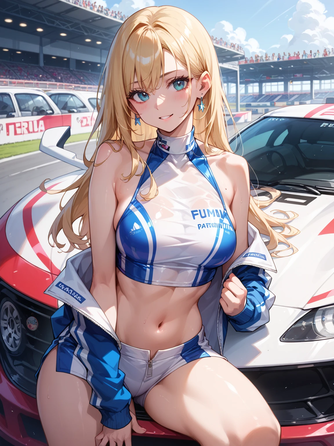 1 girl、solo、Long Hair、chest、Staring at the audience、blush、smile、Blonde Hair、大きなchest、belly button、chestの谷間、Sitting、Close your mouth、Green Eyes、Swimwear、Short sleeve、bikini、Thighs、Outdoor、Open clothes、null、Glasses、Shorts、choker、noon、cloud、stomach、青null、Shorts、Underbust、（黒眼帯bikini）、High leg、黒choker、黒Shorts、Hair Intake、地上car両、自動car、car、Open Fly、Confetti、High legbikini、Micro Shorts、Race Queen