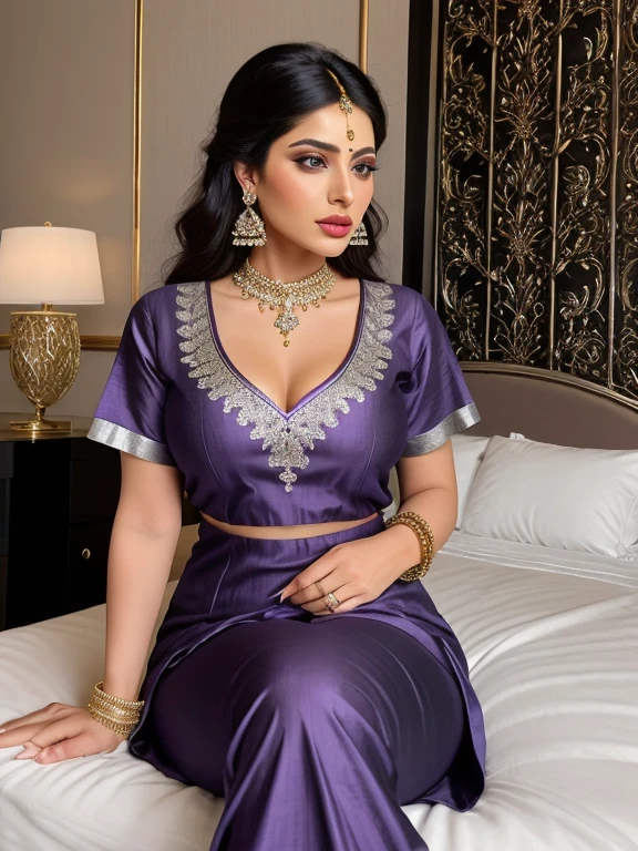 1girl, solo, long hair,big  breasts,violet hair, thighhighs,highly detailed face, detailed face, perfect proportions, well-proportioned body of six heads, huge breasts, thin waist, navel, big butt , crotch gap, large thighs,  jewelry, sitting, boots, high heels, lips, hand on hip, thigh boots, chair, crossed legs, realistic, gorgeous bright neon dotted red eye makeup and thick black winged eyeliner,blue  shimmering lipstick,((wearing  (silver(see-through) silver saree:1.2),dark red colored Shine In A Sequins design Blouse:1.2)), 