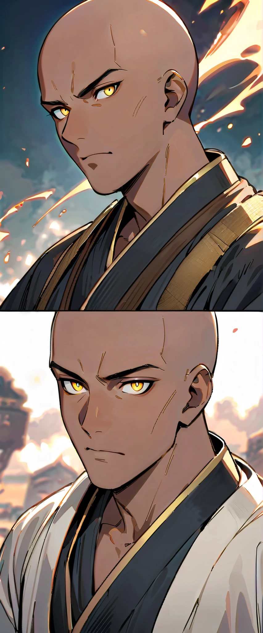 (high-quality, breathtaking),(expressive eyes, perfect face) 1boy, male, solo, young adult, yellow eyes, (bald hairstyle), (dark skin), soft serious expression, Monk profession, martial artist, well built body, pants, knuckle bandages, fantasy clothing, fantasy attire, DnD Monk Class, oriental monk, half body,