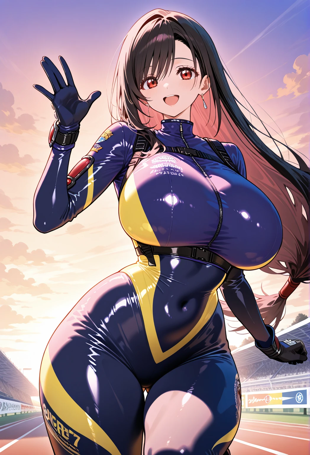 a cartoon picture of a woman in a blue latex suit, nico robin, tifa lockhart, oppai, wearing tight suit, marin kitagawa fanart, hinata hyuga, drawn like the anime speed racer, seductive anime girl, tifa, character from king of fighters, thicc, biomechanical oppai, on a racetrack, mayuri shiina