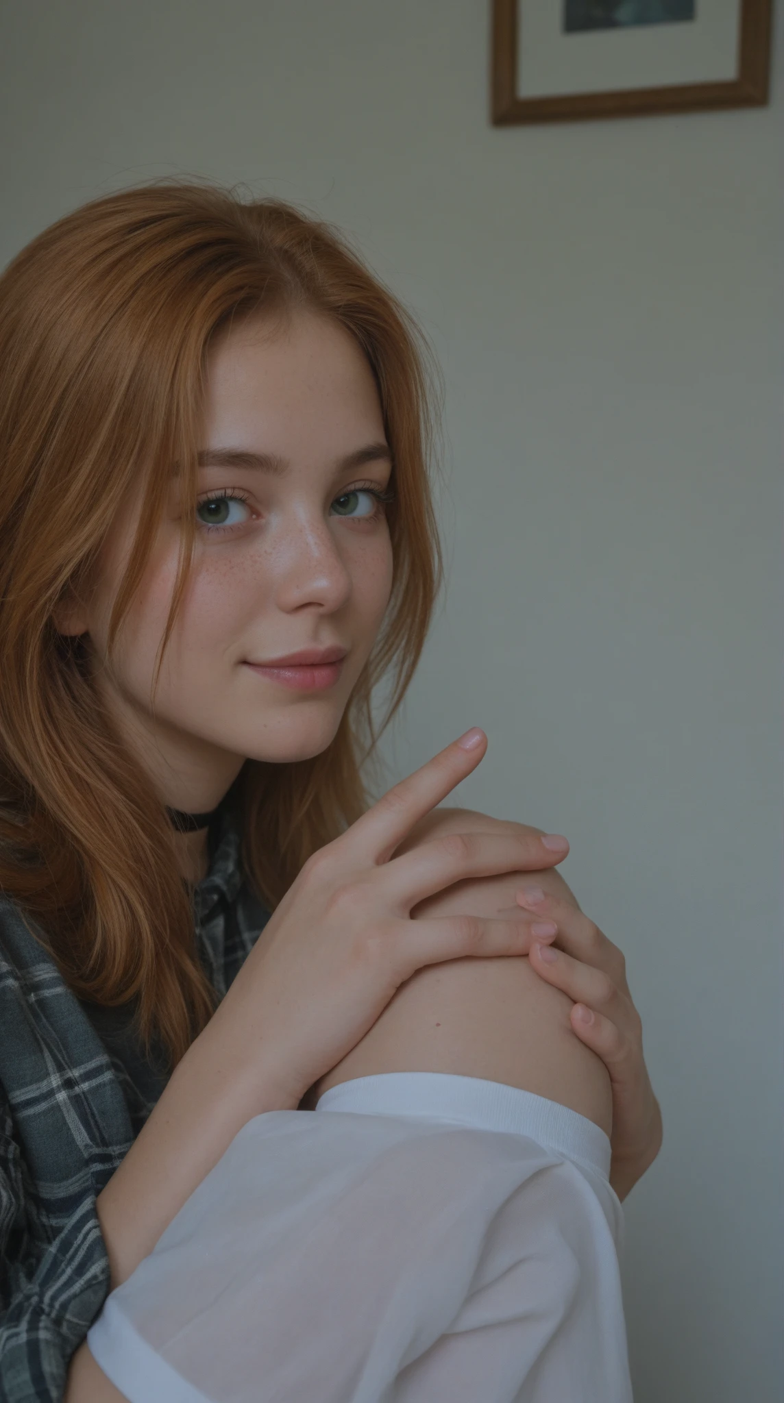 red-haired beautiful girl shows peace sign with one hand, in a very dark room against a wall covered with gray wallpaper