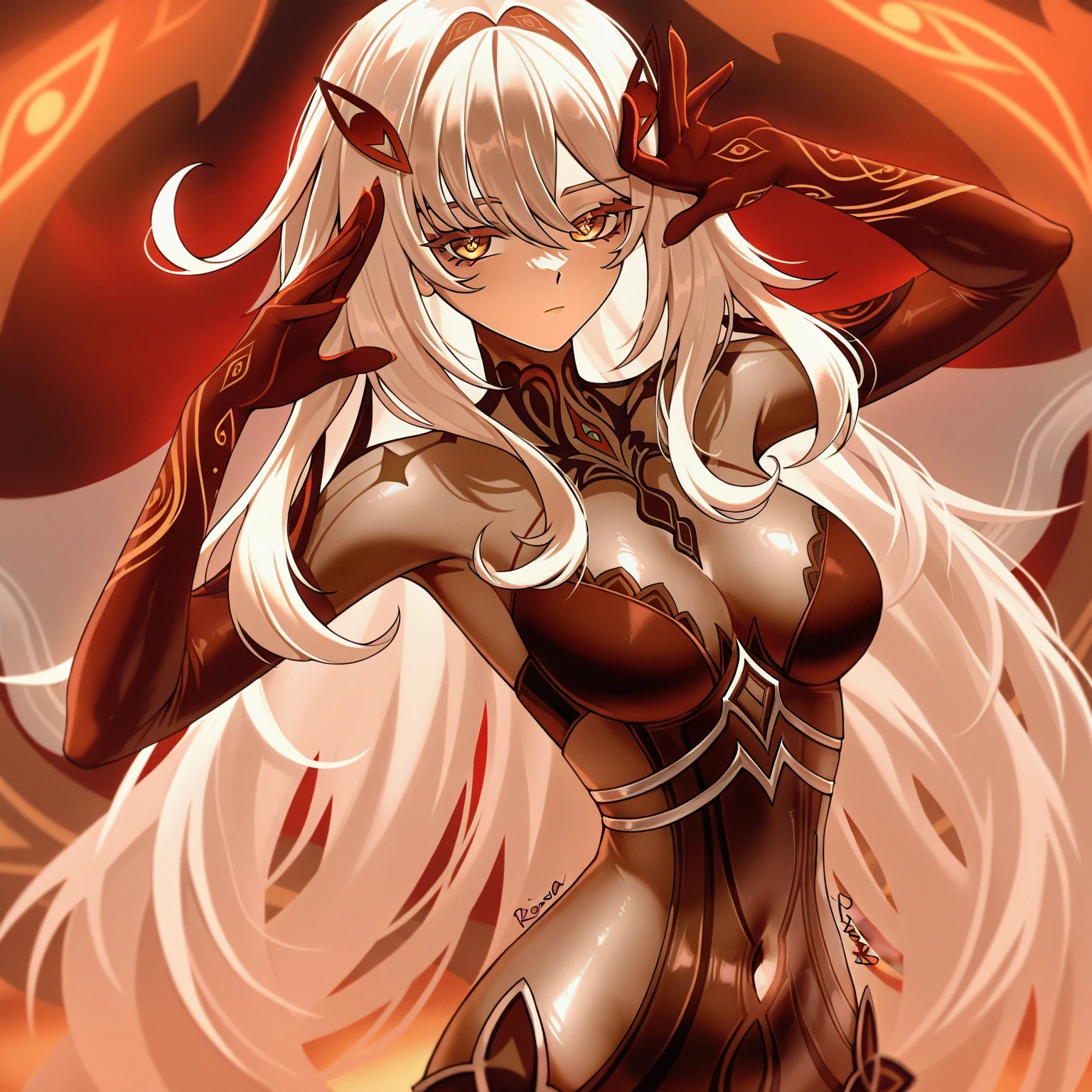 Create an image of the most stunningly gorgeous beautiful wicked oni, Stunningly gorgeous perfect face,  perfect makeup, detailed perfect silky smooth skin texture, detailed hour glass body figure, very long styled hair, shion armor spike,