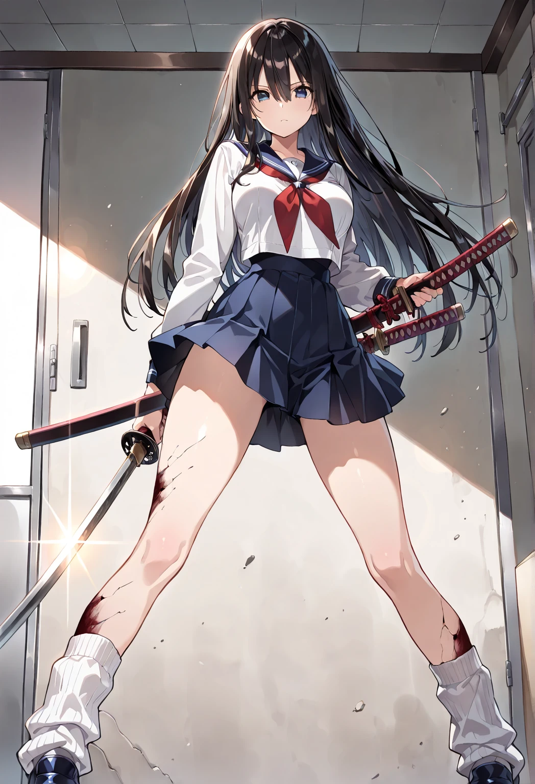 Action Scenes:Woman fighting the devil、(((masterpiece, highest quality:1.3,absurdres))),cowboy shot,18 year old beauty,solo,((very small head:1.4)),ponytail hair style,long hair,blunt bangs,black hair,glay eyes,Serious expression,blush,medium breasts,((very long body,slender body)),skinny,gleaming skin,shiny skin, ,(High leg white leotard)、(Short sleeve、Navy blue sailor collar、Red neckerchief、white_thighhighs)、White sneakers, ,Defeat the demon with a samurai sword slash、Abandoned Factory、at night、