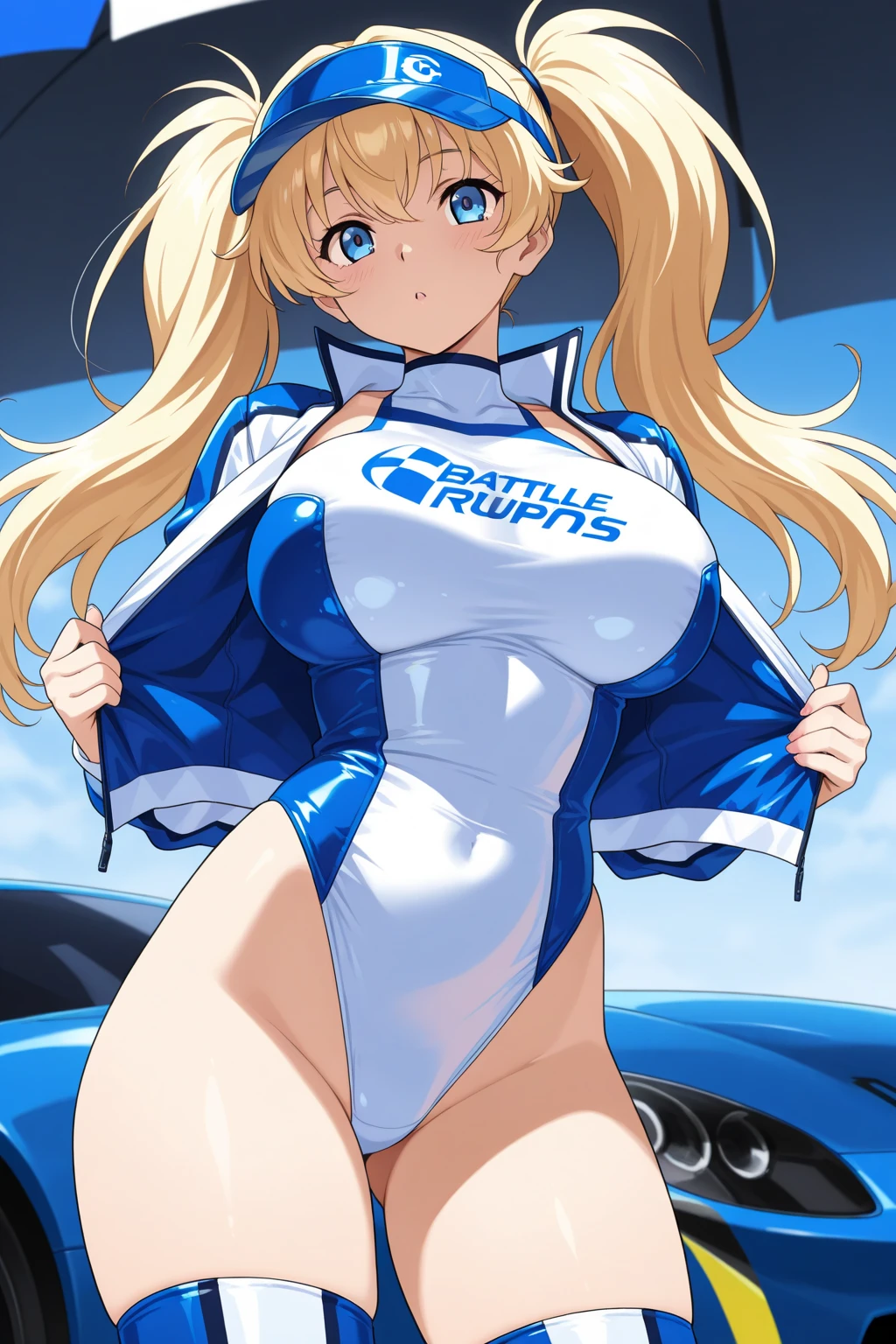1girl, blonde hair, long hair, huge breasts, thick thighs, wide hips, blue eyes, smile, smirk, smug, leotard, white leotard, police uniform, white clothes, bare legs, policewoman, police hat, fox ears, fox tail, mature female, toned, hourglass figure, black thighhighs, thighhighs, car, sports car, 