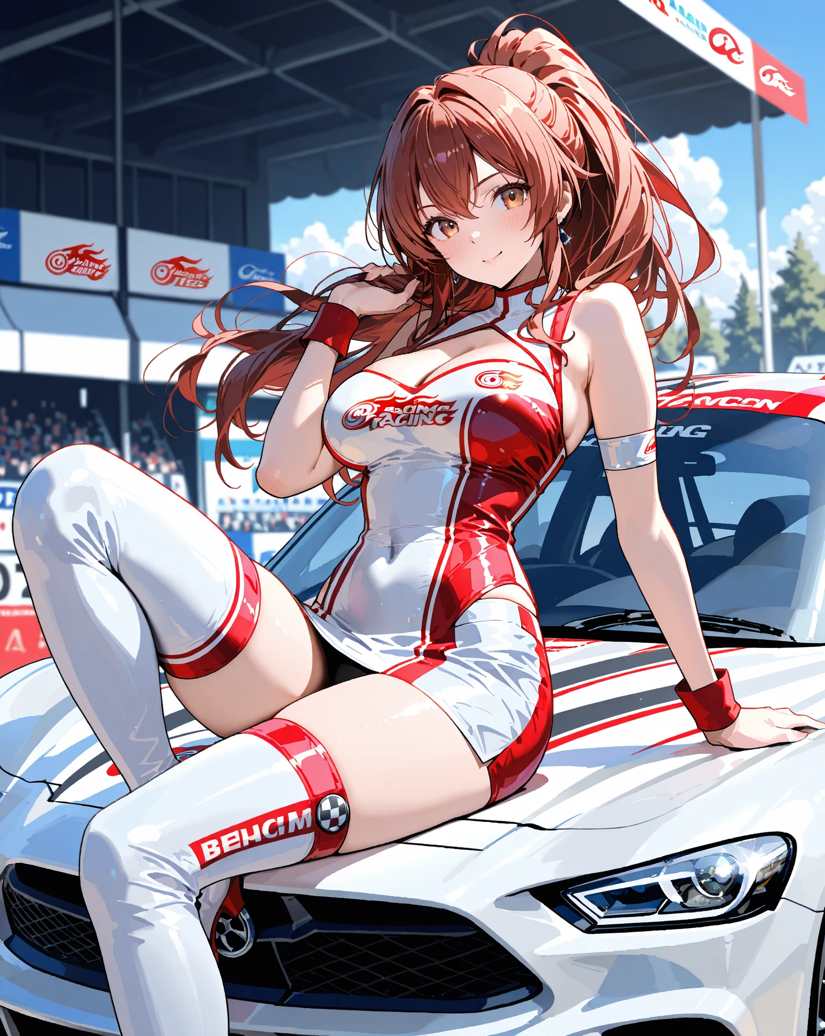 highest quality、Nice sexy body、One Woman、solo、(Beautiful busty woman:1.5)、Medium hair woman、((Woman with dark red hair))、Race Queen、Campaign girl、A woman wearing a white and orange patent leather short top、A woman wearing a top with a logo、A woman wearing a white patent leather miniskirt、A woman wearing brown pantyhose、Standing woman、event venue、motor Show、smile、Sexy pose