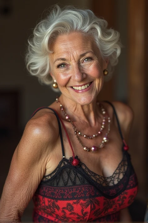 ripped muscular granny, sexy lace, skin wrinkles, sensuous smile