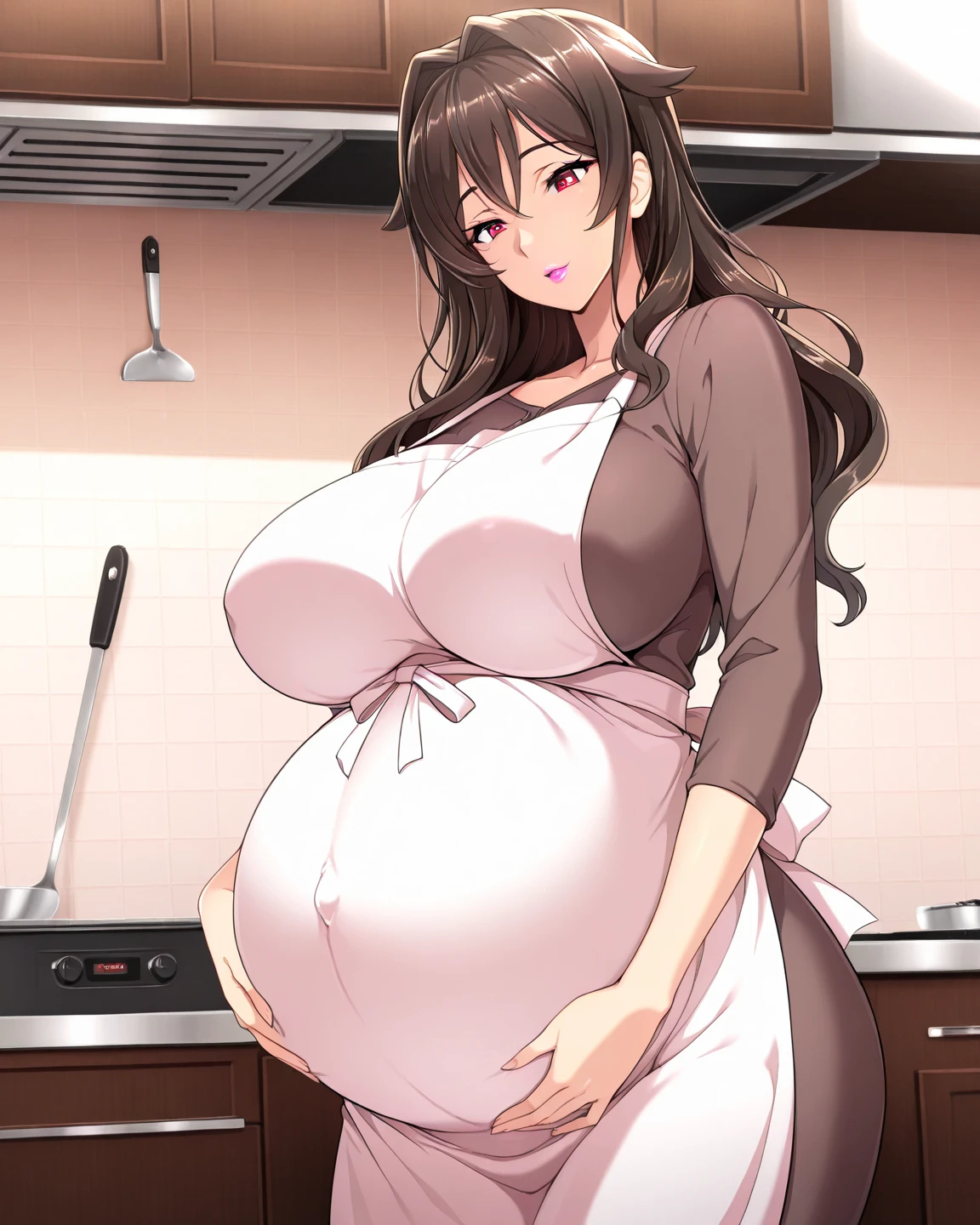 1girl, solo, black hair, blue eyes, milf, middle aged, mommy, (massive sagging breasts:1.0, cute red dress, housewife, apron, kitchen, looking in distance, thinking