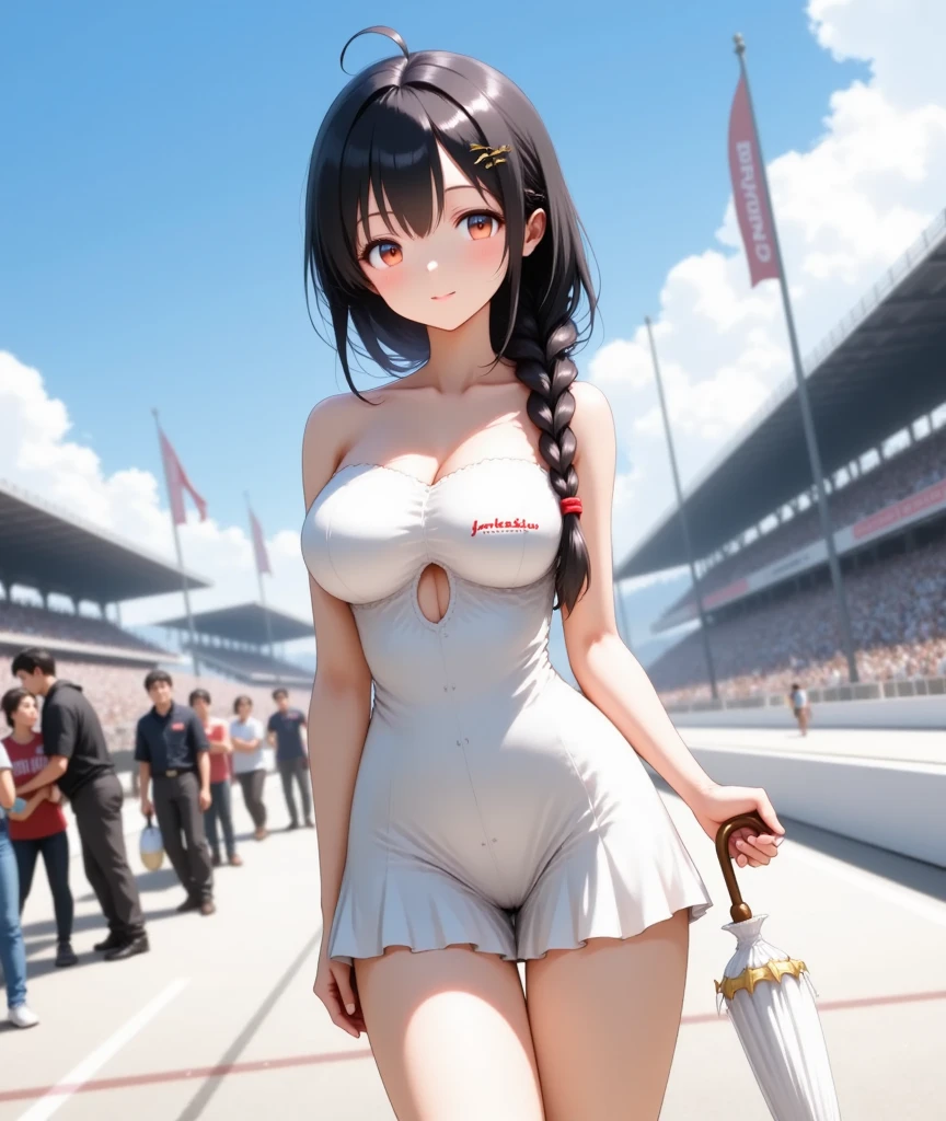 (((top-quality)), ((masterpiece)), Pitch Resuit、(Colossal tits:1.4)、Adult Woman、Puffy nipple、ONE PIECE tennis dress uniform 、sobbing tears、 see -through、kneehighs white、panty shot、(cum in pussy vaginal:1.2)、cum in mouth.、stadium、crowd、Being watched、(G-string :1.3)、Tennis match、Open lips、a smile