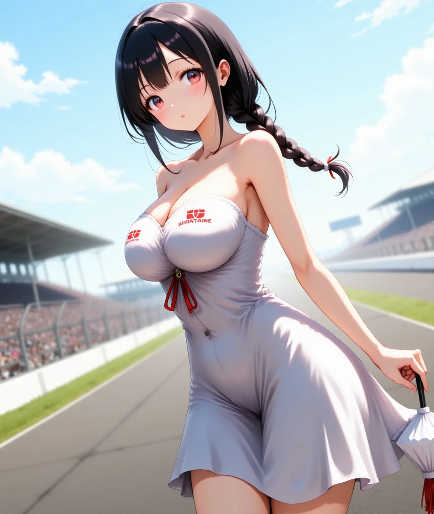 (((perfect hands)), ((perfect anatomy)), (((komi_shouko))), purple hair, ponytail, purple eyes, large breast, wet body, race queen, unbottened shirt with red bull logos, no bra, white mini skirt, street race circuit, standing, enamel, blush, ((good hands)), ((good fingers)), (perfect face))