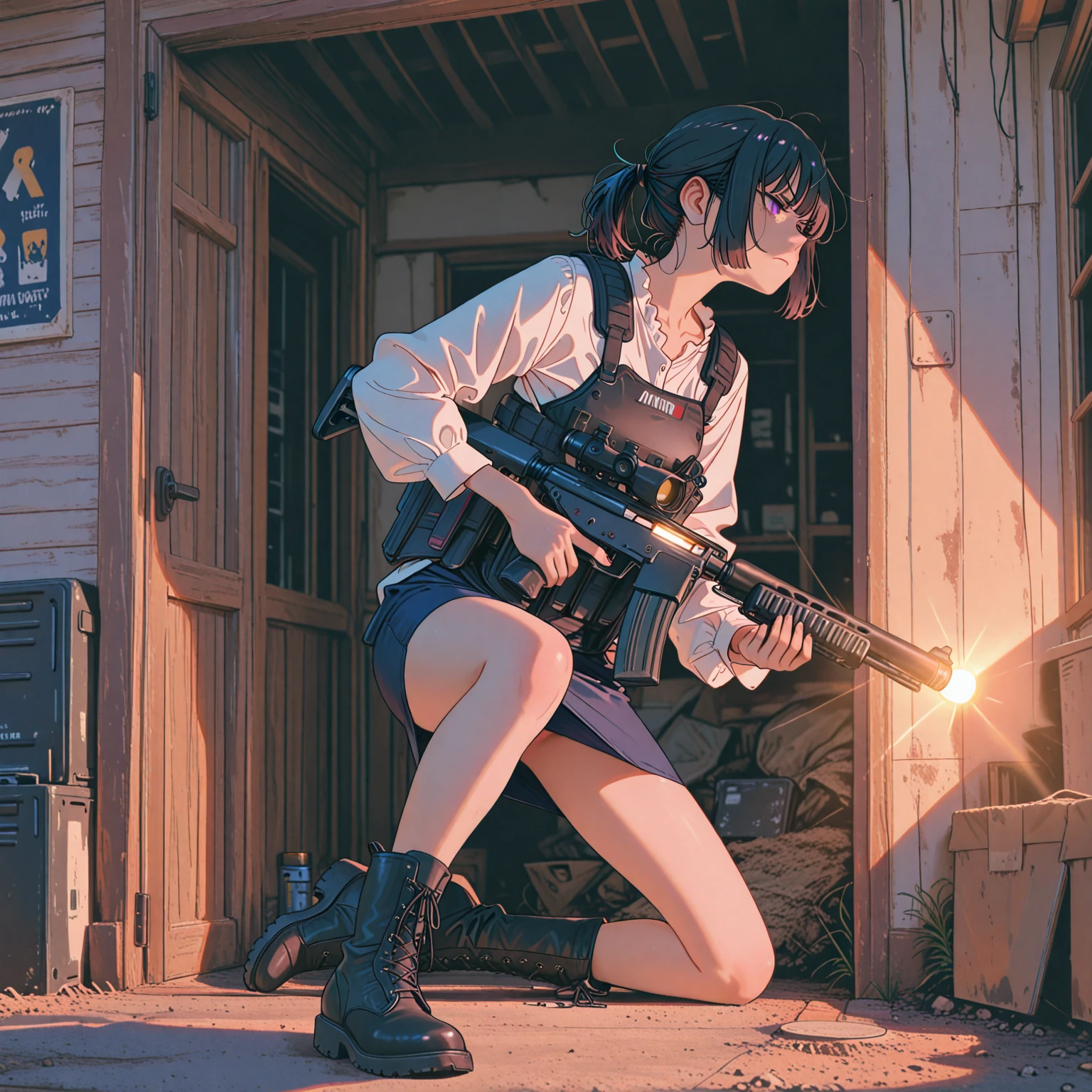 (best quality,4k,8k,highres,masterpiece:1.2),ultra-detailed,(realistic,photorealistic,photo-realistic:1.37),anime,1 girl,laying down,aiming gun,firing into distance,large gun,energy weapon,blue energy