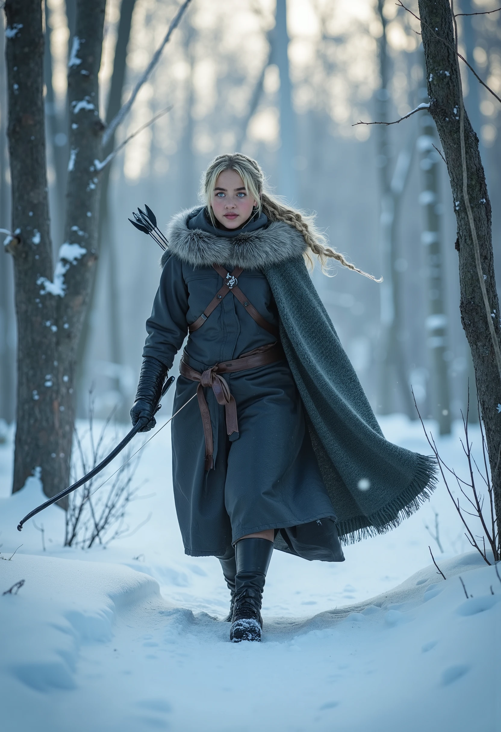 Feyre Archeron with braid, wrapped in a heavy cloak to protect herself from the cold, enters the frozen forest with her bow and arrow. The surrounding landscape is covered by a thick layer of Snow that shines in the pale light of dawn.. The air is cold and sharp, making her breath condense into white clouds. Each step in the snow produces a muffled sound, and the wind whispers between the bare trees. determinado, She advances carefully, her eyes alert to the possibility of finding prey that would guarantee the survival of her family.

