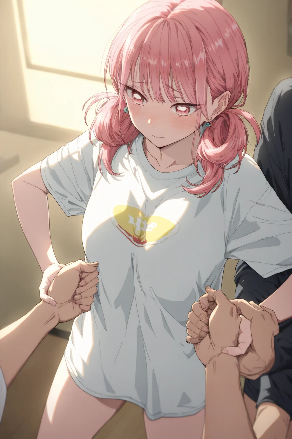 damaged underwear，Pierced underwear，huge breasts，blush，Gasping lightly，Battle damage，seriously injured，holes in clothes，holes in clothes，weak，pain，Beaten，Back against the wall，Hit by a heavy fist in the abdomen