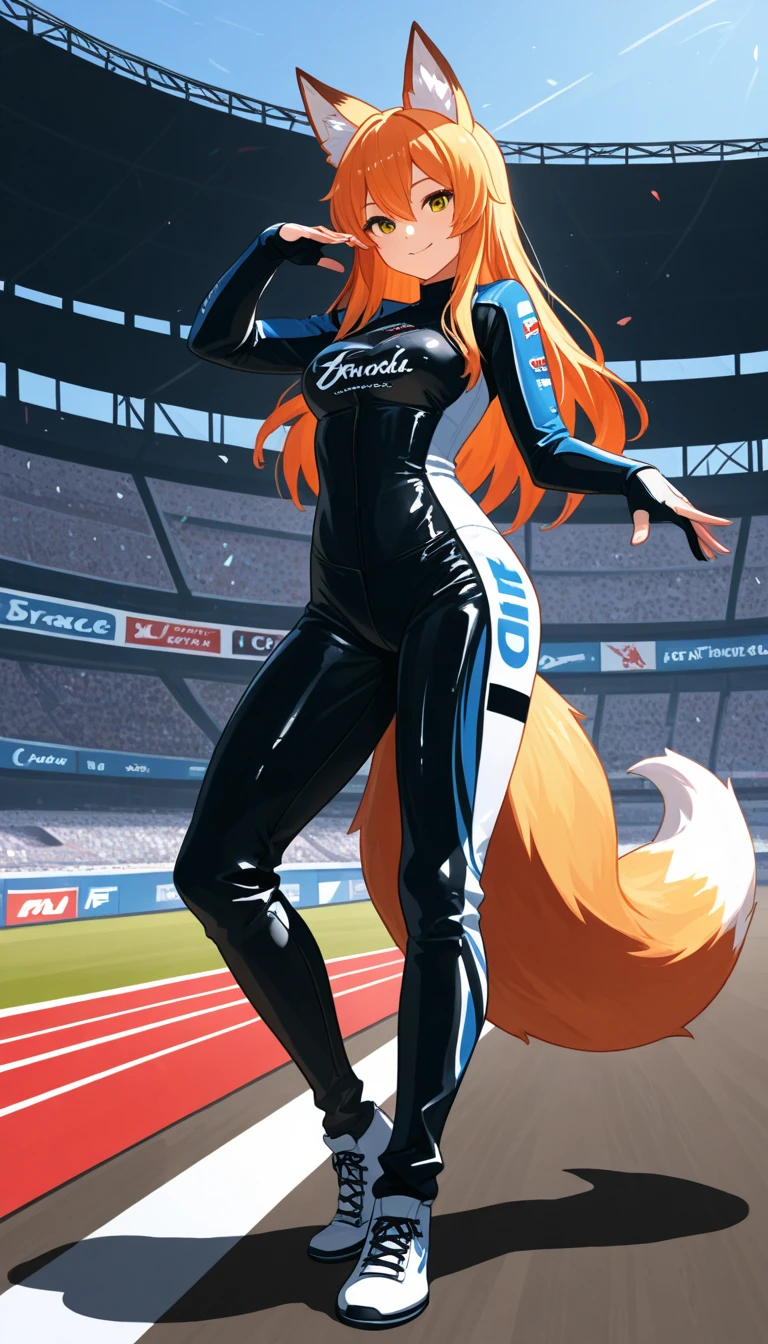 Best Quality, very detailed, highres, full body:2.1, complete body, uploaded the e621, beautiful and detailed, toon style, BREAK, by tom_fischbach, solo:1.7, female furry, teenage, animal ears, blonde hair, green eyes, ponytail, wavy hair, flat chest:1.4, coco bandicoot in a skintight latex racing suit on a racing road course, hand on hips, sexy pose, happy, sunny day.