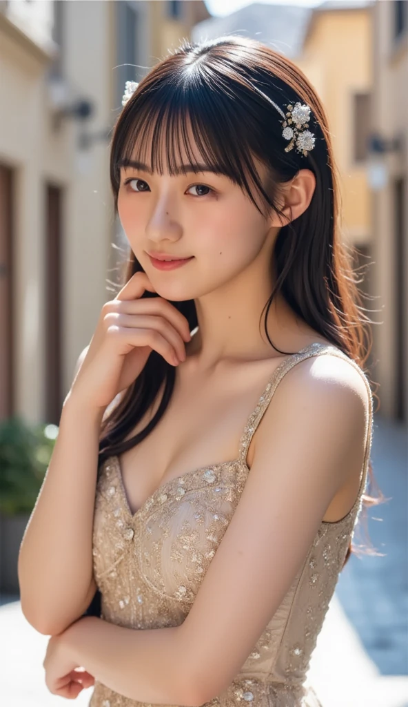 ((Best-quality, Masterpiece, Ultra-High-Resolution, (Photorealistic:1.4), Raw Photo, depth of field, professional lighting, perfect anatomy, extremely details, perfect face, perfect hair)), 1girl, 12-years-old, the most famous Japanese idol, upturned ass, having a lot of fun at wedding party, (wearing light-pink evening gown with cute-design), (extremely cute face like the most popular Japanese idol, ((extremely cute and extremely big eyes)), extremely cute hair, extremely beautiful skins, extremely cute long-eyelashes, extremely cute lips), looking at viewer, innocent smile, dynamic pose, detailed wedding-party, detailed light-pink-evening-gown-with-cute-design