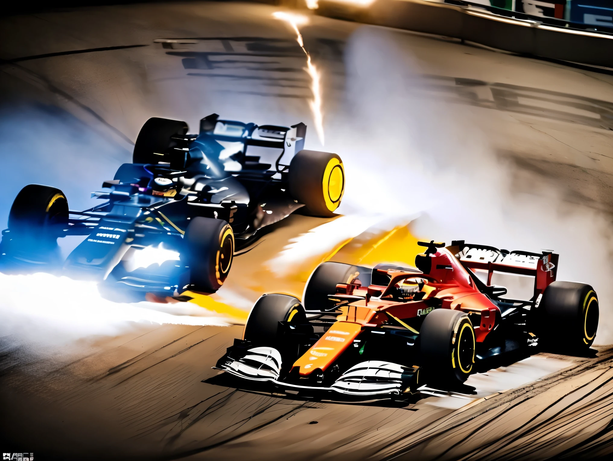 (masterpiece, best quality, amazing quality), Two rival F1 cars racing side by side, fiercely battling for first place on a sharp corner. Their tires are nearly touching, creating a burst of sparks flying into the air. The cars are extremely close, showing intense competition and tension. The scene is filled with motion blur, tire smoke, and glowing brake discs. The racetrack curves dramatically under bright sunlight, with cheering crowds in the stands and heat haze on the asphalt. Hyper-detailed, dynamic action shot, cinematic angle, intense racing atmosphere, ultra-realistic, high-speed motion
