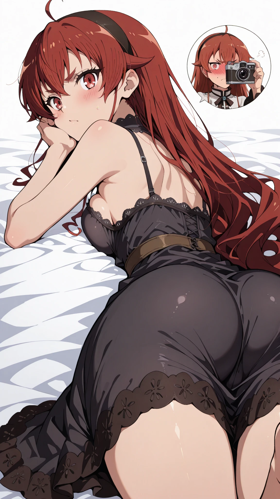 (Estilo de arte anime), Nami de One Piece, brown eyes, Pelo largo naranja, Wearing black lingerie, Ruboroso, orinar en la cama, (Estilo de arte anime), (NSFW), Vista posterior