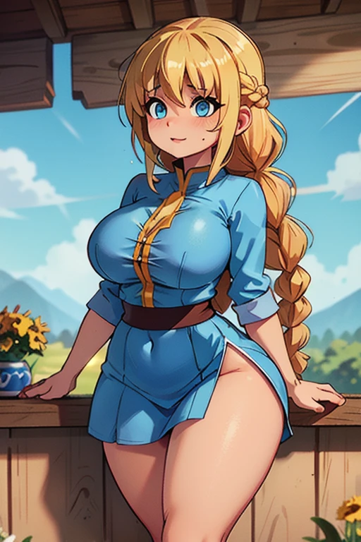 (masterpiece, Highest quality), The Golden Age of Women, , Polynesia, Deep blue eyes, Wide Nose, Round cheeks, rounded forehead, Long face shape, , Ginger box braids, Feel the joy of wearing a summer jumpsuit, Moire wrap front blouse, loafers, ,
, Put your hands behind your back, Suggests self-confidence and self-control, Huge breasts
