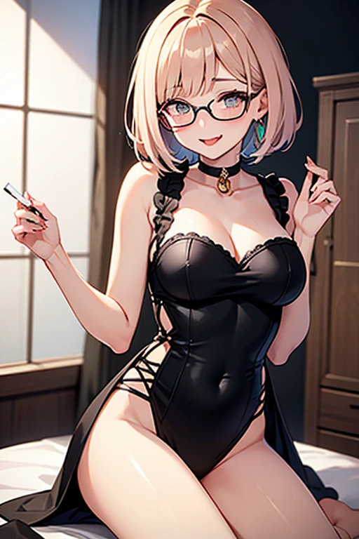 whaite hair，white skinned，neck chain，Harnes，black lence stockings，Show the whole body，eye glass