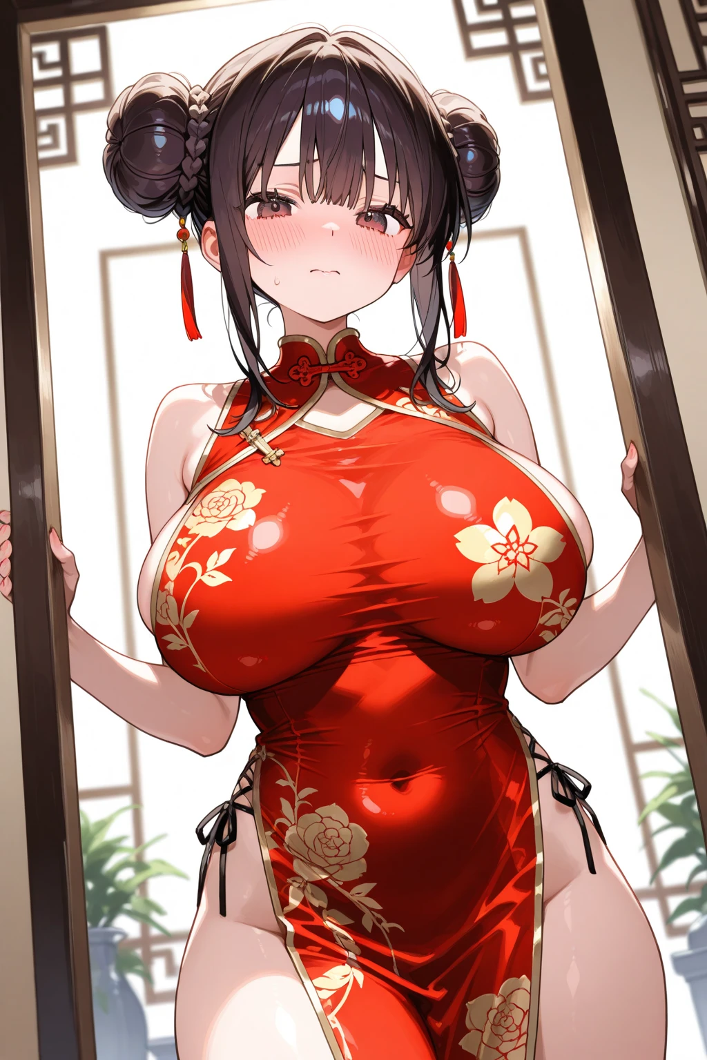 Magazine cover(masterpiece, best quality:1.2),woman，shy（（（The eyes are delicate）））Wet body（（Red cheongsam）），nipple，Wet floor，rain（8K）（HD）