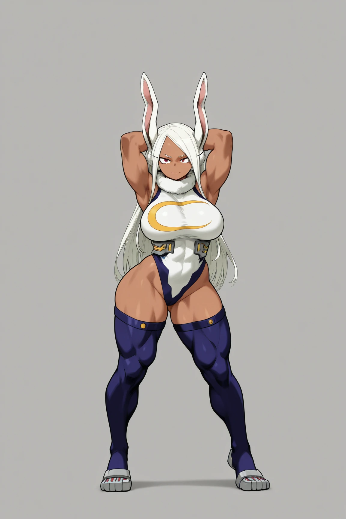 (masterpiece, best quality:1.3), Potato guy, 1girl, solo, looking at viewer, wide hips, mature female, closed mouth, seductive smile, large breasts, cowboy shot, thick thighs, <lora:Potato guy Style Lora:.85>, leotard, fur collar, muscular female, bunny ears, white hair, red eyes, thighhighs, gloves, <lora:Mirko:.8>
