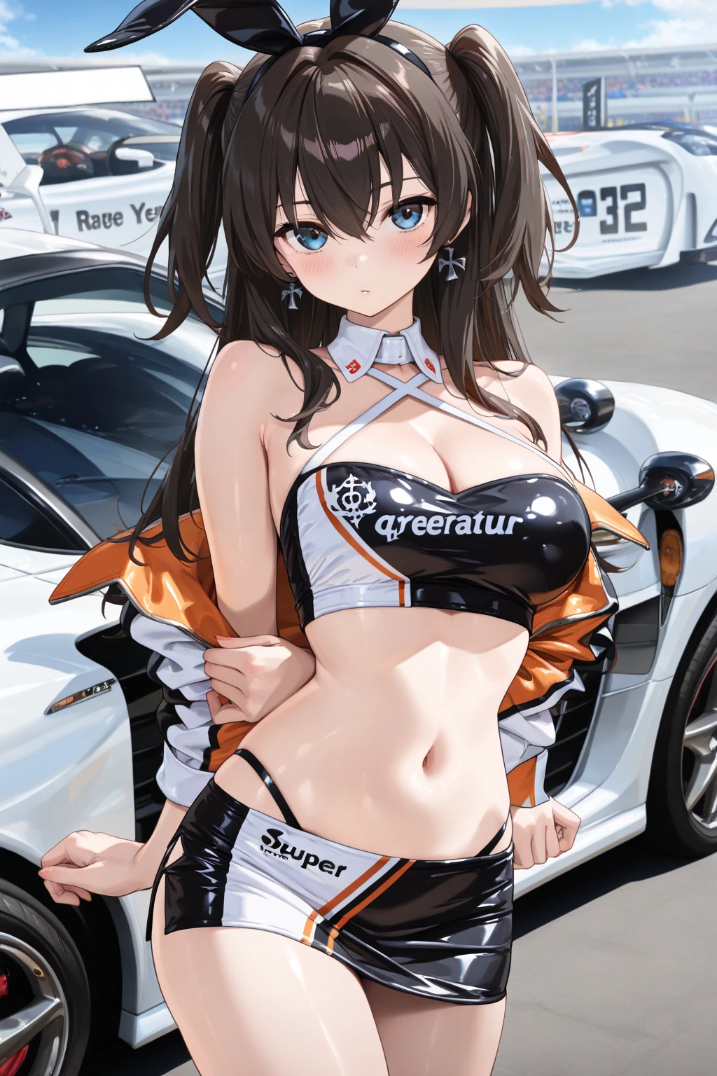 score_9, score_8_up, score_7_up, 1girl, solo, hourglass figure, Big breasts, kemonomimi, bear ears, brown hair, short hair, messy_hair, blue eyes BREAK freckles, (race Queen), black bikini, navel, red jacket, open jacket, high boots, black boots, sitting on car, outdoors, highway, looking at viewer, smile, grin, looking at viewer, cloudy sky, full body, high heels