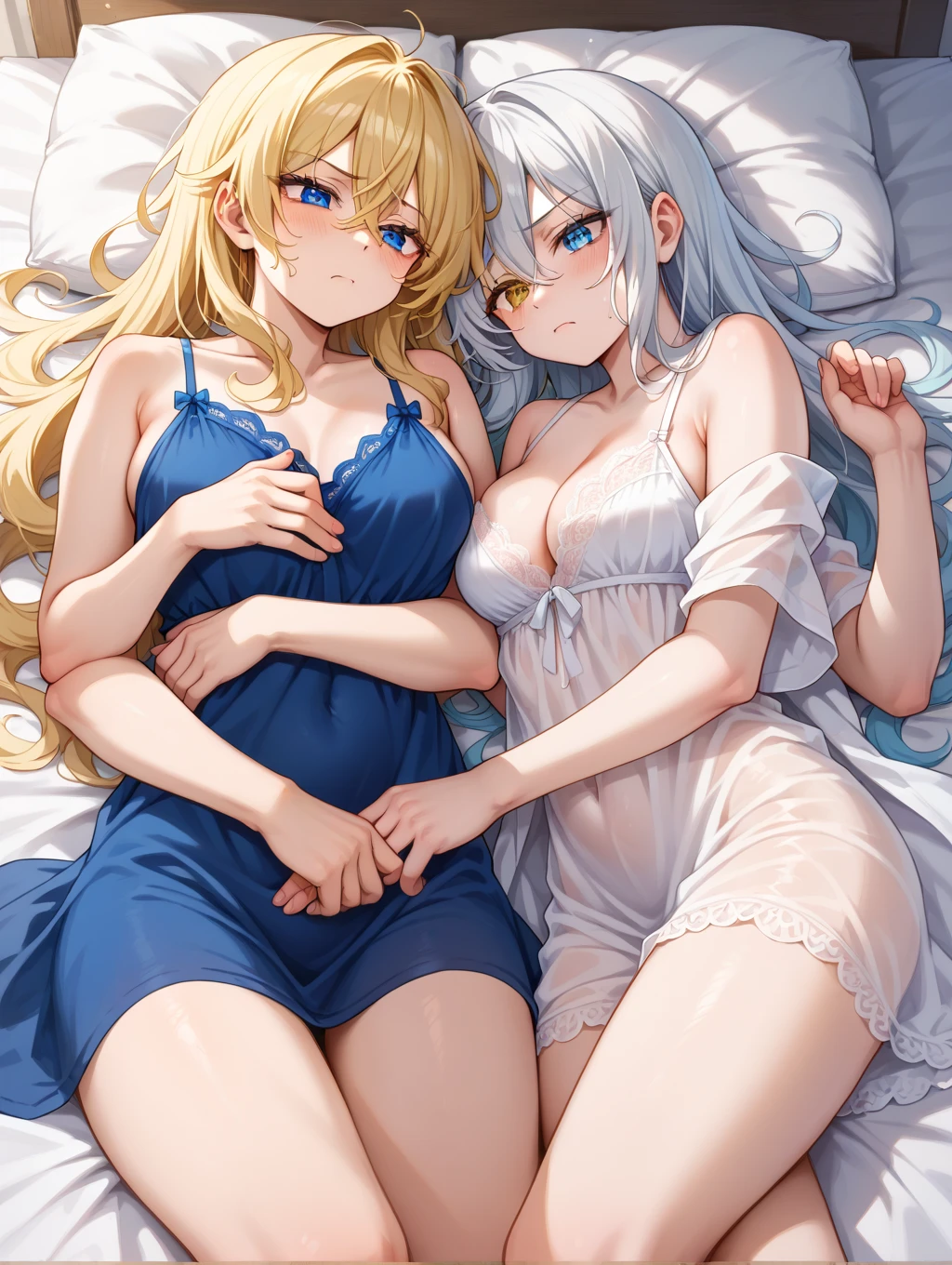 score_9, score_8_up, source_anime, in bed, red dress, 2girls, navel, top view, sleeping, wearing dress, closed eyes, indoors, arms behind back, shorts, knotted bra, large breasts, bra, rating:safe, arms behind back, ikuchan, BREAK, eula, eula from genshin impact, blue hair, short hair, BREAK, lumine, blonde hair, long hair, medium breasts, bird's eye view