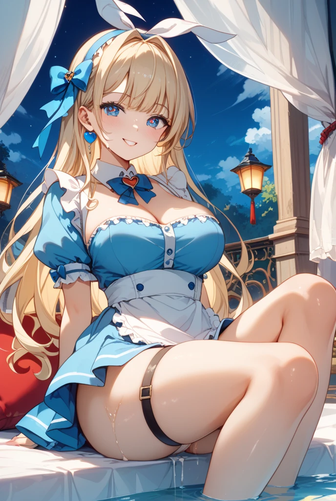a blond、red eyes、Beautiful girl alone、独奏、animesque、a blue dress、off shoulders、a miniskirt、White Rose Garden