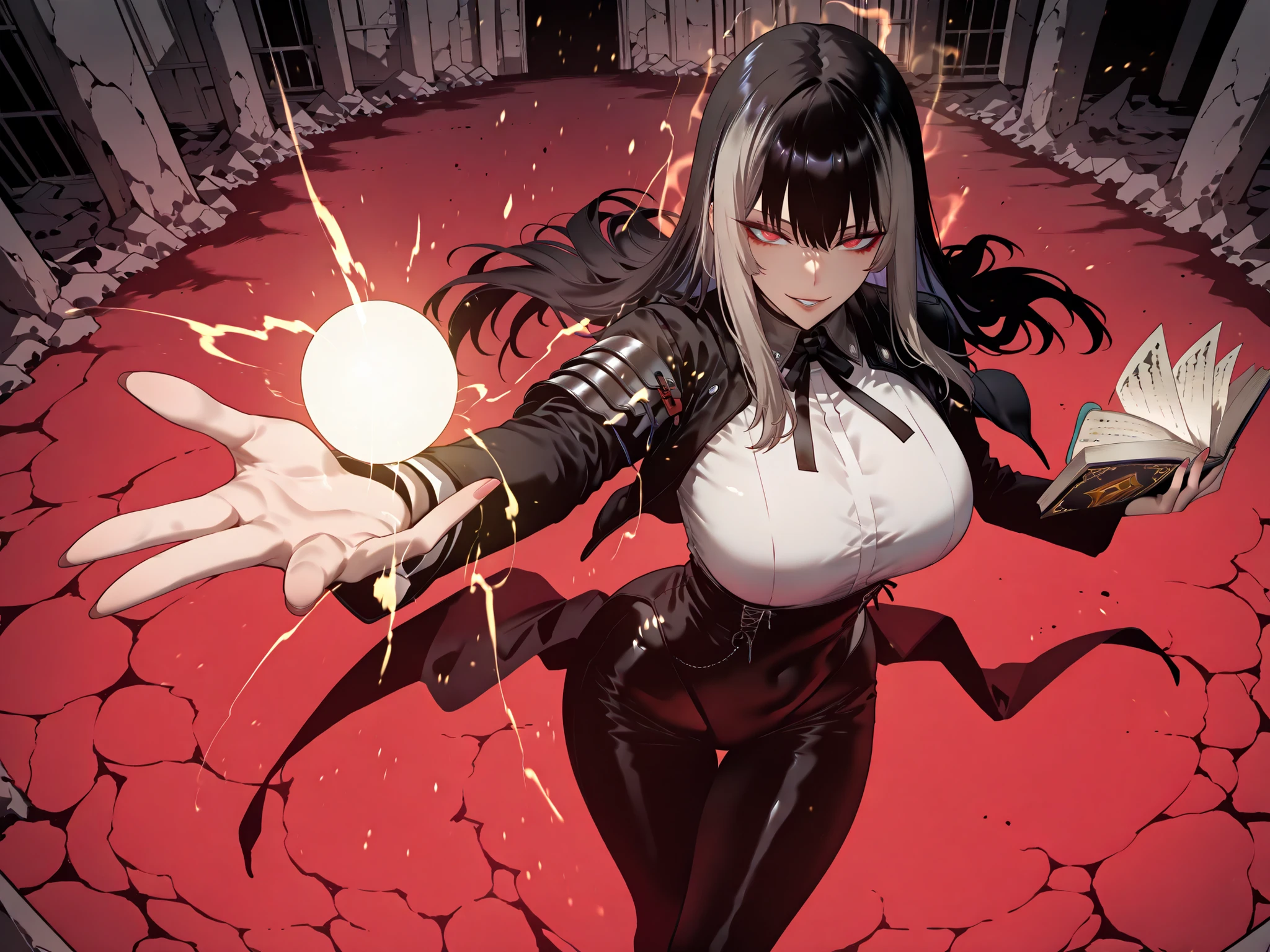 Ball of Light、雷magic、taken from above、caveの中、Ruins、black suit、black longsuit、 black long jacket、ゴスロリなshirt、Depressed、Tall Woman、A woman in her thirties、 Alassah's woman、Steins;Gate、 black longsuit 、score_9, score_8_up, score_7_up, Source_anime,masterpiece、No expression、no makeup、top quality,beautifully detailed eyes in a logistics warehouse, Exquisite Eyes、A sophisticated eye、highly detailed eyes and faces,unmotivated expression、lethargic face、 long breasts, Black Jacketを羽織る、Black Jacket、shirt, big saggy breasts, shockingly big breasts, big breasts,big boobs、boobs 、Zitoida, makeup、no makeup、long hair、smooth straight hair、black slacks、tall woman、Tall Woman、plump thighs, parted lips、 shining eyes,(Fire Aura Onkown),dungeon内、Crimson Eyes、long hair、dark haired、黒い髪、Long Straight Hair、dungeon、cave、Ruins、solo、soloプレイヤー、Wide ass、beautiful butt、and stick your butt into the focus of your butt、long boots、Shoulder Armor、Fearless Laugh、strong、Is confident、suit pants、黒いlong pants、Black Skinny、long pants、Dynamic、Satu、fight、Satu狂、俺だけレベルupな件、arrogant、 Confidence々The smile 、bewitching smile、Sadist、Satu中、hunting、hunting、intimidating、magic使い、magic、Spell Book、magic、Spell Book、magicの本、Floating Book、floating book、Pearl of Light、Light Ball、 Floating Books、Flying Book、左手にmagicの玉、plasma、plasma球、Glowing sphere、Flying Book