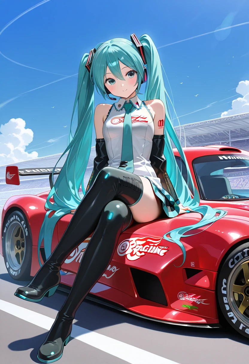 ((full body):1.5) (({Only one woman}:1.2):{((wearing red formula 1 runner suit)1.2), ((long blue hair down to shoulders, sparkling green eyes) 1.3), ((striking an erotic pose in a formula 1 car, looking at the viewer, smiling):1.3), ((extremely large breasts):1.2)}, \n (({Hypodromia from formula 1 racing, is in night, raining heavily, several people are in the stands}):1.3), anime, anime style, 16k, ((best quality, high details):1.4), masterpiece, UHD