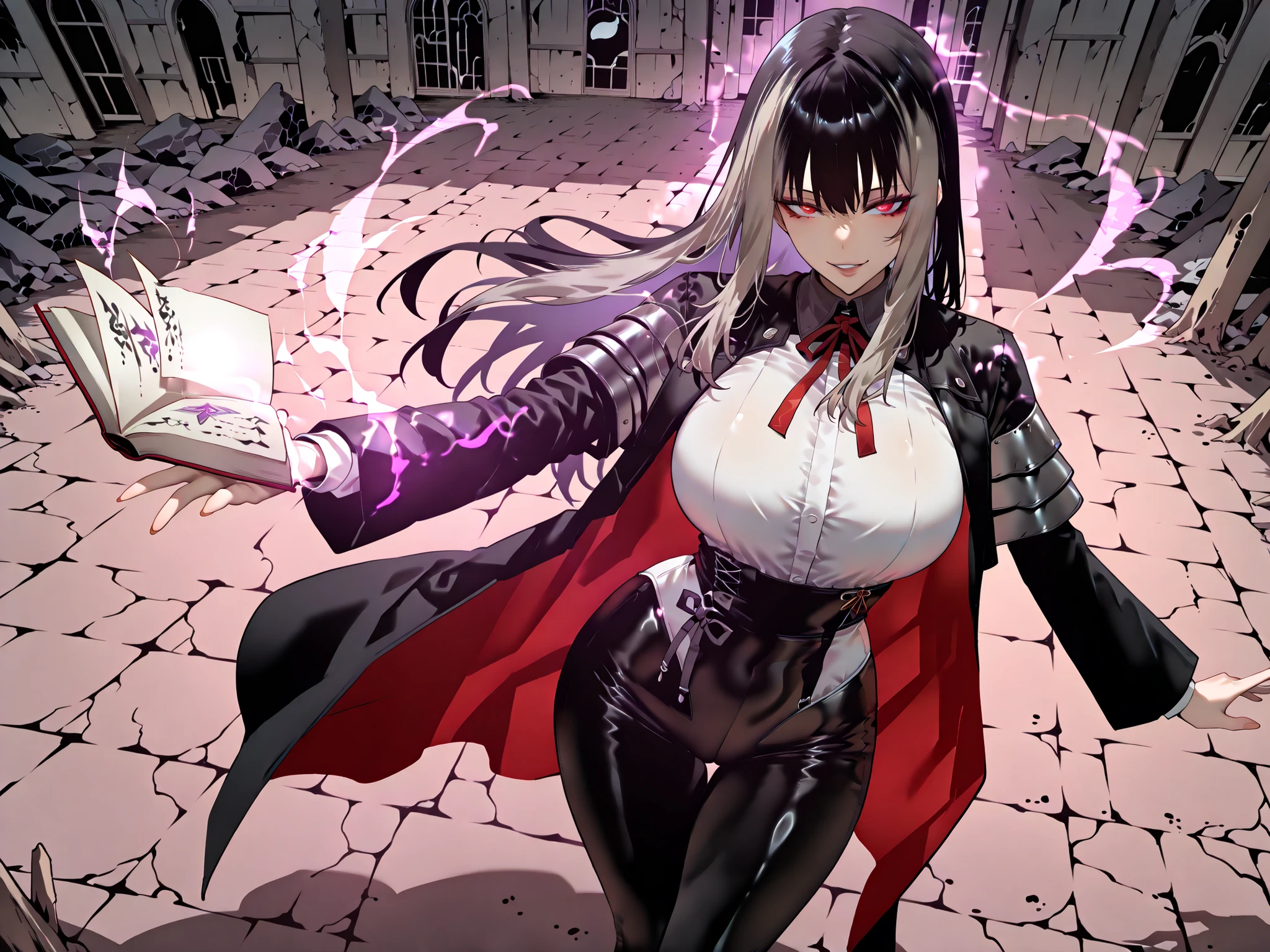 Ball of Light、雷magic、taken from above、caveの中、Ruins、black suit、black longsuit、 black long jacket、ゴスロリなshirt、Depressed、Tall Woman、A woman in her thirties、 Alassah's woman、Steins;Gate、 black longsuit 、score_9, score_8_up, score_7_up, Source_anime,masterpiece、No expression、no makeup、top quality,beautifully detailed eyes in a logistics warehouse, Exquisite Eyes、A sophisticated eye、highly detailed eyes and faces,unmotivated expression、lethargic face、 long breasts, Black Jacketを羽織る、Black Jacket、shirt, big saggy breasts, shockingly big breasts, big breasts,big boobs、boobs 、Zitoida, makeup、no makeup、long hair、smooth straight hair、black slacks、tall woman、Tall Woman、plump thighs, parted lips、 shining eyes,(Fire Aura Onkown),dungeon内、Crimson Eyes、long hair、dark haired、黒い髪、Long Straight Hair、dungeon、cave、Ruins、solo、soloプレイヤー、Wide ass、beautiful butt、and stick your butt into the focus of your butt、long boots、Shoulder Armor、Fearless Laugh、strong、Is confident、suit pants、黒いlong pants、Black Skinny、long pants、Dynamic、Satu、fight、Satu狂、俺だけレベルupな件、arrogant、 Confidence々The smile 、bewitching smile、Sadist、Satu中、hunting、hunting、intimidating、magic使い、magic、Spell Book、magic、Spell Book、magicの本、Floating Book、floating book、Pearl of Light、Light Ball、 Floating Books、Flying Book、左手にmagicの玉、plasma、plasma球、Glowing sphere、Flying Book