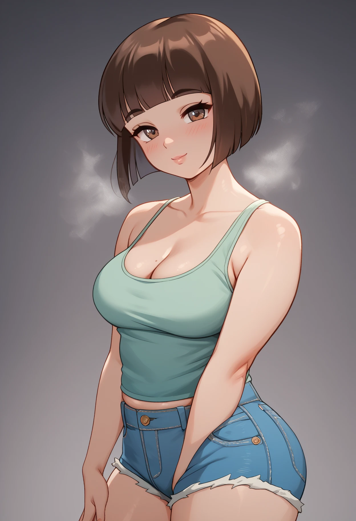 1girl, big tits, casual clothes, curious face, eyes of astonishment to see a penis , only see penis
