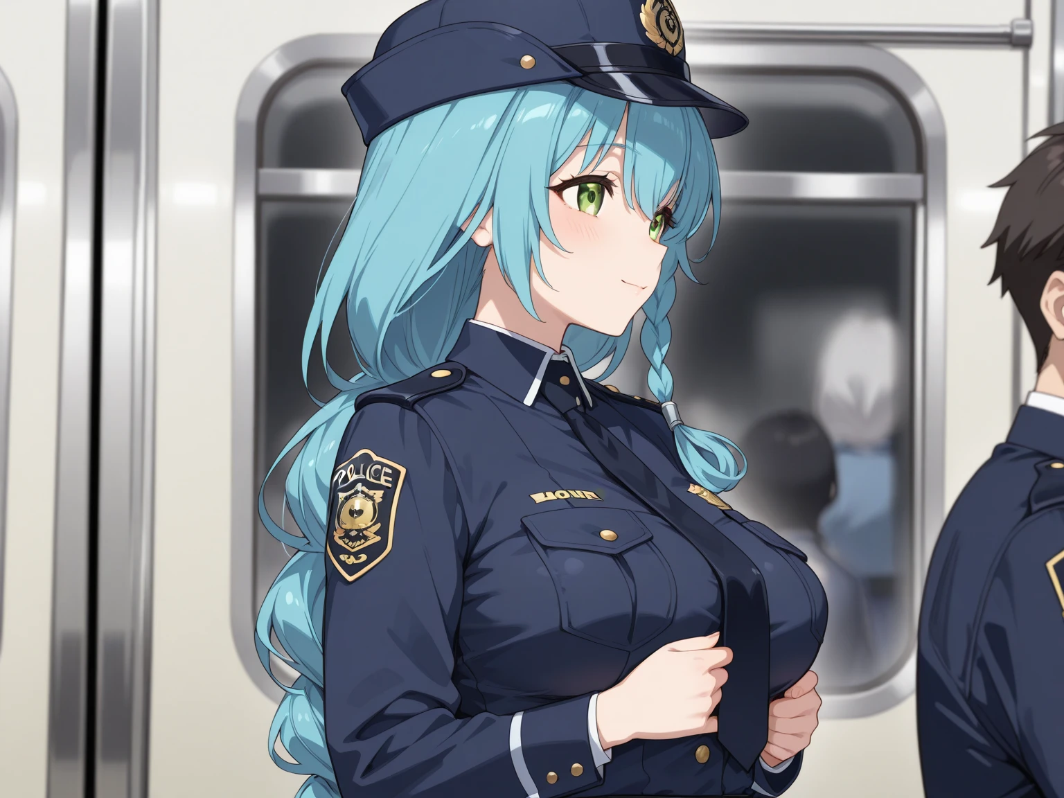 (masterpiece, best quality, very aesthetic, ultra detailed), intricate details, highly detailed background, perfect lightingbest quality, kokonoeshinobu, solo, outdoors, city, policewoman, police hat, blue headwear, green hair, swept bangs, long hair, yellow eyes, white shirt, blue vest, black necktie, short sleeves, white gloves, blue skirt, miniskirt, pencil skirt, black pantyhose, police uniform, smile, open mouth, :d, pink lips, <lora:Kokonoe-Shinobu:0.7>