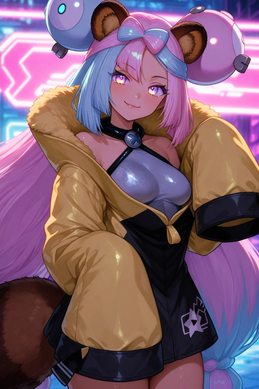 big breasts、Nintendo、Pokemon、Pokemon, (master part), (highest quality), (Super detailed), (1 girl), (fashionable clothes), Are standing, show viewer, (simple background),beautiful and detailed eyes, delicate and beautiful face,(high color saturation), best illumination, best shades,beautiful and detailed eyes, highly detailed face, thick thighs、smile、nipple、Sheer high-leg、baggy yellow coat、mouth open、Jagged teeth、