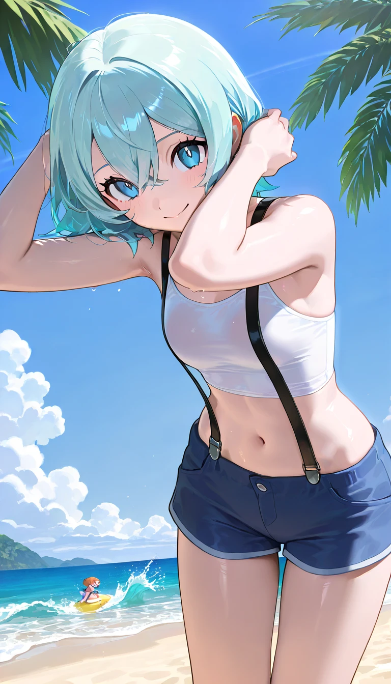 realistic, Aqua Konosuba, light blue hair, blue eyes, bright eyes, cropped top, perfect belly, ripped short shorts, perfect legs, parted lips, blush, night, flowers, sun, sunlight.