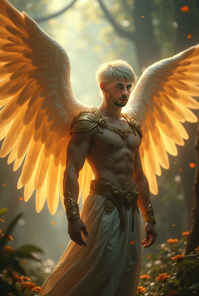 A gentle, white-winged male Asian feature albino angel (simple design) - Soft colors, with a subtle glow, white wavy 8" hair, white skin, light blue color eyes, most handsome masculine male angel, 11'0" tall, white and gold large wings, built-in gold armor on chest and arms, large muscular biceps, large thighs, chiseled ads, define jawline, pearl white lower garment, 32K UHD, masterpiece, best quality, style raw, walking through an enchanted garden of Eden. - Ethereal background, with a subtle texture, naked chest, lined with gold, Large white and Gold wings. the angel is a man, super handsome