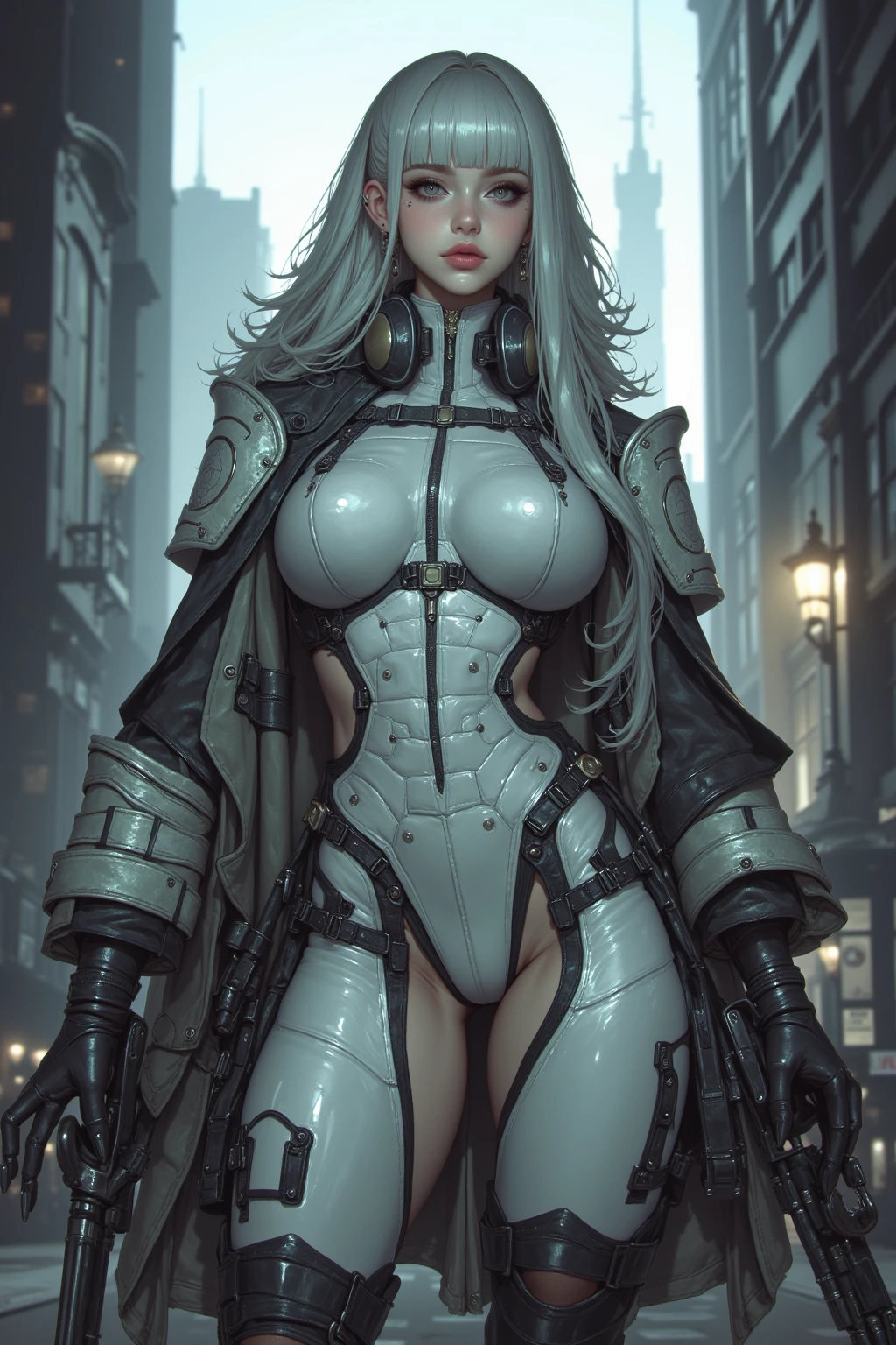  1girl, full body, cyberpunk, (masterpiece: 1.4), (8K, realistic, raw photo, best quality: 1.4),cyborg girl, nipple areola shape clear, beautiful breasts, Japanese girl, beautiful cute face, (real face: 1.4), finger detailed, beautiful hairstyle, realistic blue eyes, beautiful detail eyes, (real skin: 1.3), beautiful skin, attractive, angry face, ultra high resolution, ultra realistic, cinematic lighting, white colored hair, long hair, ribbons