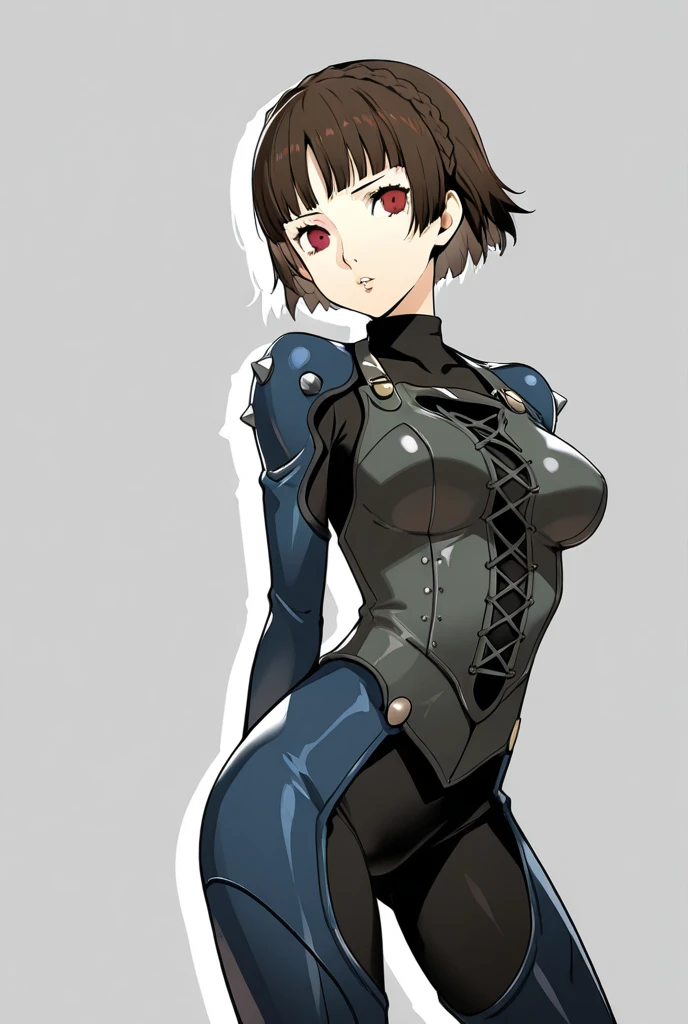 Fat face line, Makoto Niijima (Persona) Niijima Makoto (Persona), dark full bodysuit, laces, shoulder spikes
masterpiece, best quality, absurdres, ((Cylindrical body type)), Non-exposing bodysuit
((mature face)), ((big ass)), makoto niijima has become a mature woman, ((chubby upper body but small breasts)), 1girl, solo, ((height 150cm)), thick thighs, Bow legs, Beautiful face but chubby face, (((Chubby makoto niijima))), ((Stand up straight)), ((Full body)), (low head 1.5), A little chubby body type and small breasts, masterpiece, ((small breasts)), (thick legs), Full body+, Solo, Swollen face, 1 woman, thick thighs, solo, masterpiece, best quality, A chubby figure that seems real, smile, (((Middle-aged obesity))), Persona 5 Battle body Suit