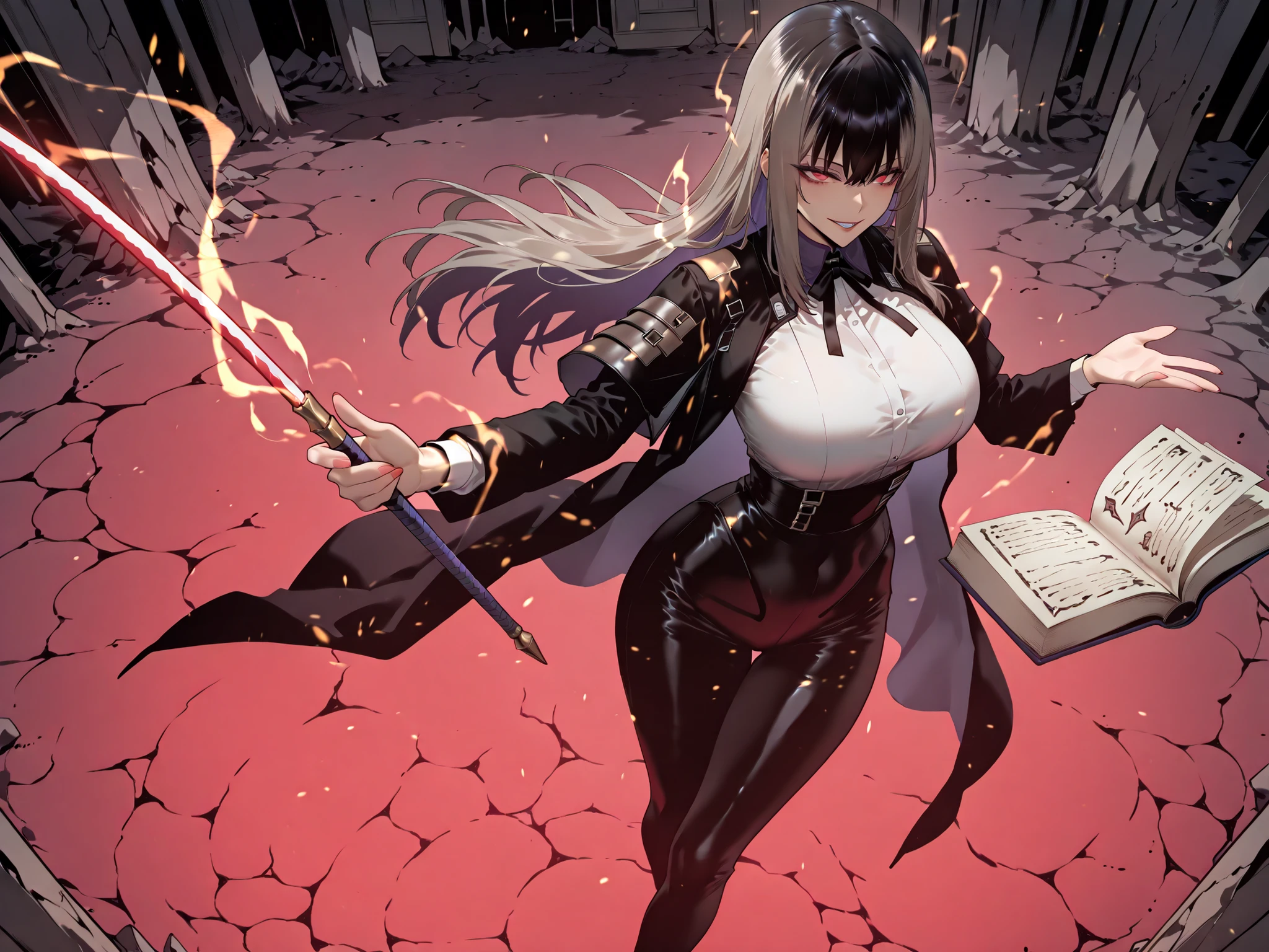 Ball of Light、雷magic、taken from above、caveの中、Ruins、black suit、black longsuit、 black long jacket、ゴスロリなshirt、Depressed、Tall Woman、A woman in her thirties、 Alassah's woman、Steins;Gate、 black longsuit 、score_9, score_8_up, score_7_up, Source_anime,masterpiece、No expression、no makeup、top quality,beautifully detailed eyes in a logistics warehouse, Exquisite Eyes、A sophisticated eye、highly detailed eyes and faces,unmotivated expression、lethargic face、 long breasts, Black Jacketを羽織る、Black Jacket、shirt, big saggy breasts, shockingly big breasts, big breasts,big boobs、boobs 、Zitoida, makeup、no makeup、long hair、smooth straight hair、black slacks、tall woman、Tall Woman、plump thighs, parted lips、 shining eyes,(Fire Aura Onkown),dungeon内、Crimson Eyes、long hair、dark haired、黒い髪、Long Straight Hair、dungeon、cave、Ruins、solo、soloプレイヤー、Wide ass、beautiful butt、and stick your butt into the focus of your butt、long boots、Shoulder Armor、Fearless Laugh、strong、Is confident、suit pants、黒いlong pants、Black Skinny、long pants、Dynamic、Satu、fight、Satu狂、俺だけレベルupな件、arrogant、 Confidence々The smile 、bewitching smile、Sadist、Satu中、hunting、hunting、intimidating、magic使い、magic、Spell Book、magic、Spell Book、magicの本、Floating Book、floating book、Pearl of Light、Light Ball、 Floating Books、Flying Book、左手にmagicの玉、plasma、plasma球、Glowing sphere、Flying Book