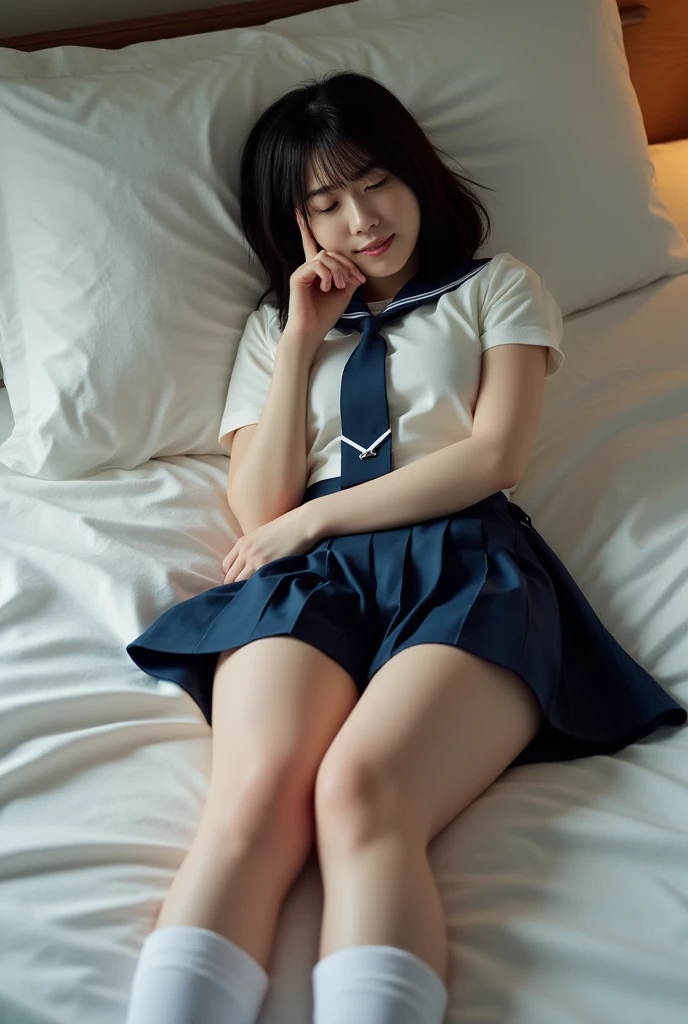 (highest quality,8k,RAW Photos,Realistic,High resolution:1.2),(Cute Japanese Girl_sleep:1.5)_(Crying in pain_Bangs Patsun Hair),(Huge breasts:1.20),(The body is slim、Naughty body、Lying on bed,(Very tight calf sheer tights:1.3),Tight white compression shorts for sprinters:1.5,(School classroom),(18-year-old、difficult、Lofty dream、Prisoner of war of a male classmate、The presence of idols),(Beautiful Realistic Asians:1.5、Kindness)、Professional、Camel Toe,Raised sole of foot, Lift your legs、(She is wearing cute transparent navy blue knee-high socks.:1.4)