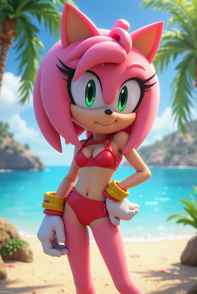score_9, score_8_up, 2D, beach, sunset, looking at viewer, 1girl, very detailed, extremely detailed, honey the cat from the sonic the hedgehog series, full body, frilly hair ties, half-closed eyes, smug smile, {(red bikini), (striped bikini bra), (striped bikini panties), hips, thighs, medium breasts, paw feet
