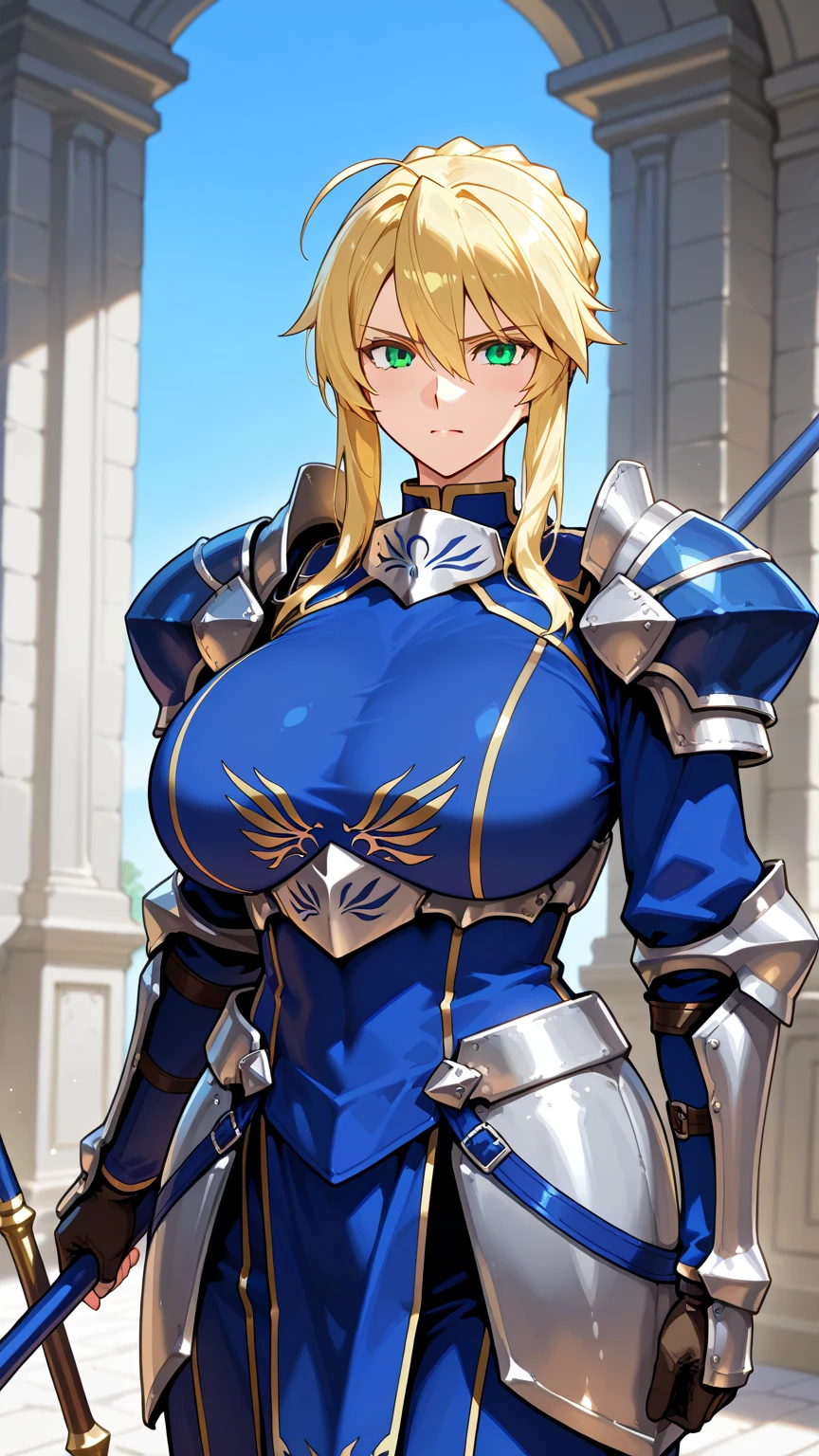 Artoria Lancer, Mulher Madura, elegante, cabelo loiro, olhos verdes, Curvilíneo, coroa, Ombro nu, tronco, Resolução 4k, alta qualidade, Hyperresolution，accuracy，Detailed rendering，（Subtle facial image）（Image of fine hair）（topquality）（Masterpieces of masters）（High degree of completeness）（A sense of atmosphere）tmasterpiece，Super detailed and super detailed（portrait), long blonde hair, (((twin braids)))(((ANKLE LENGTH HAIR))) (((Sakimichan))) (((blonde)))((Armor)) ((Halberd)))(((Tanned skin)))(((Twin hair braids)))