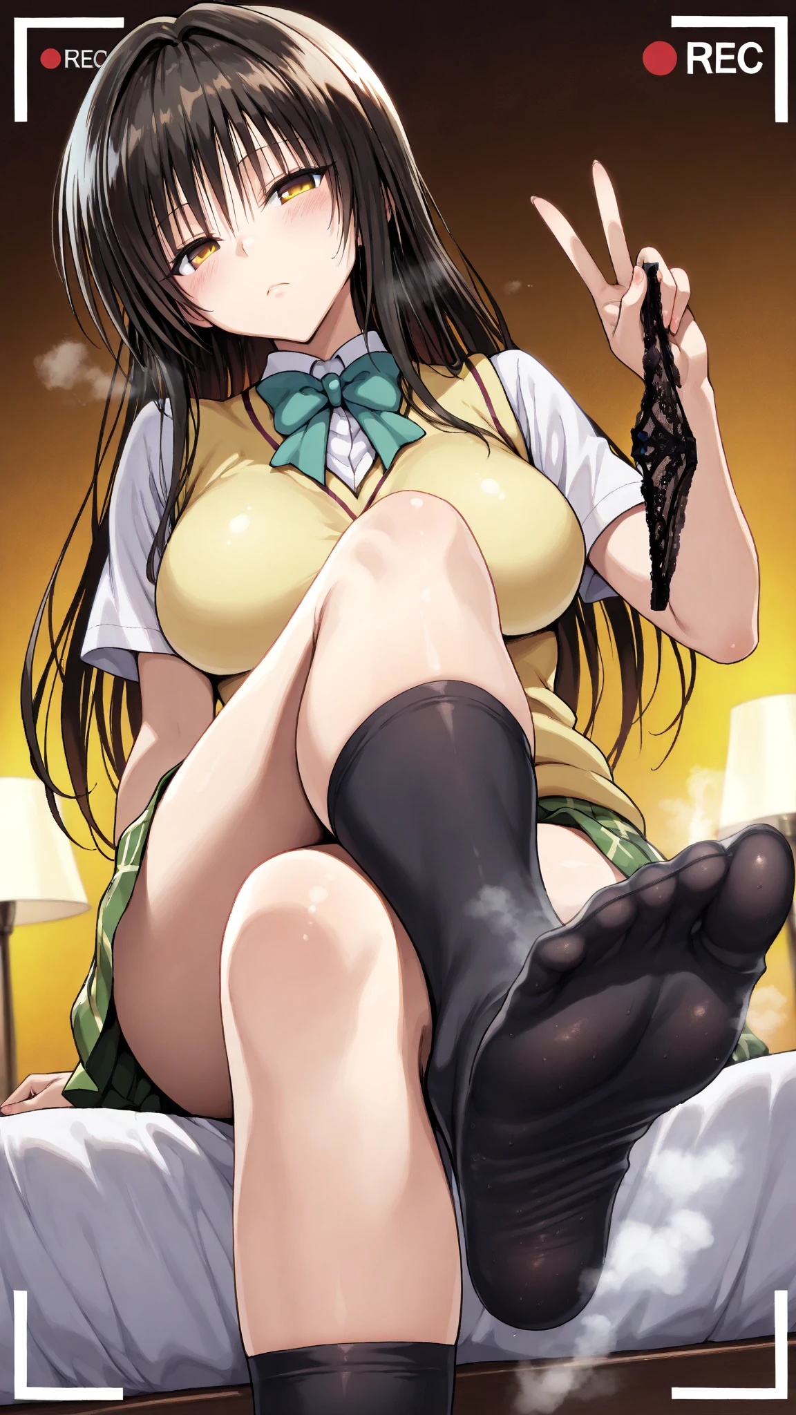Minami Kotori、lovelive 、One girl in a mini skirt, Sit with your legs wide apart、A seductive smile、Looking down at the viewer, Plump thighs, Highest quality, Focus on the thighs, Spread your legs wide, smile, blazer, blouse, はだけたblouse、Light green panties、Black knee socks,  classroom,My crotch is steamy 、Sweaty knee socks、Show the soles of your feet、Sweaty feet、Stain on the pussy line of panties