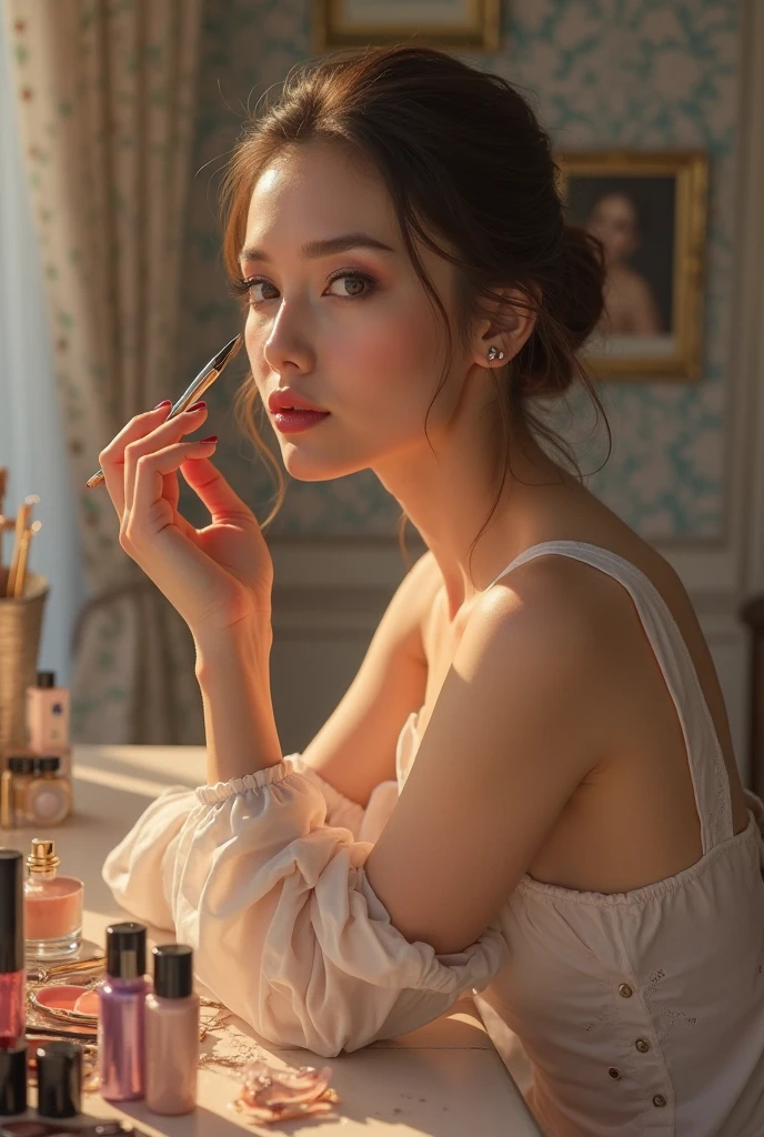 A woman with flawless skin and a stylishly messy blonde updo is posing as a classic pin-up model, photographed in a three-quarter view profile. She's seated on the edge of a vintage vanity, legs crossed elegantly, while applying lipstick in a mirror. She's wearing carefully chosen retro lingerie that perfectly accentuates her hourglass figure. The background is a meticulously detailed vintage-style bedroom with charming kitschy decor. It's a sun-drenched midday scene with a playful, flirtatious mood. The lighting is soft and nostalgic, creating a dreamy atmosphere. (solo), (three-quarter profile: 1.4), (applying lipstick pose: 1.5), (retro lingerie: 1.5), (perfect anatomy: 1.3), (midday: 1.3), (playful flirtatious mood: 1.5), (soft nostalgic lighting: 1.4), (1950s style: 1.3), (vivid colors: 1.2), (cinematic composition: 1.3), (professional photography: 1.4), (high detail: 1.5).