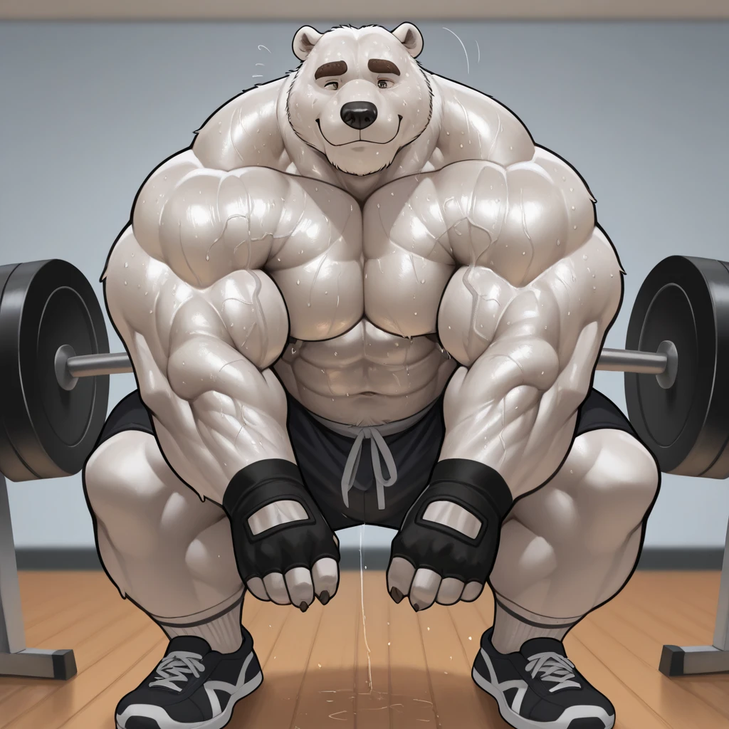 muscular polar bear, blue gym shorts, blue eyes, arctic fitness house, training, pumping, working out