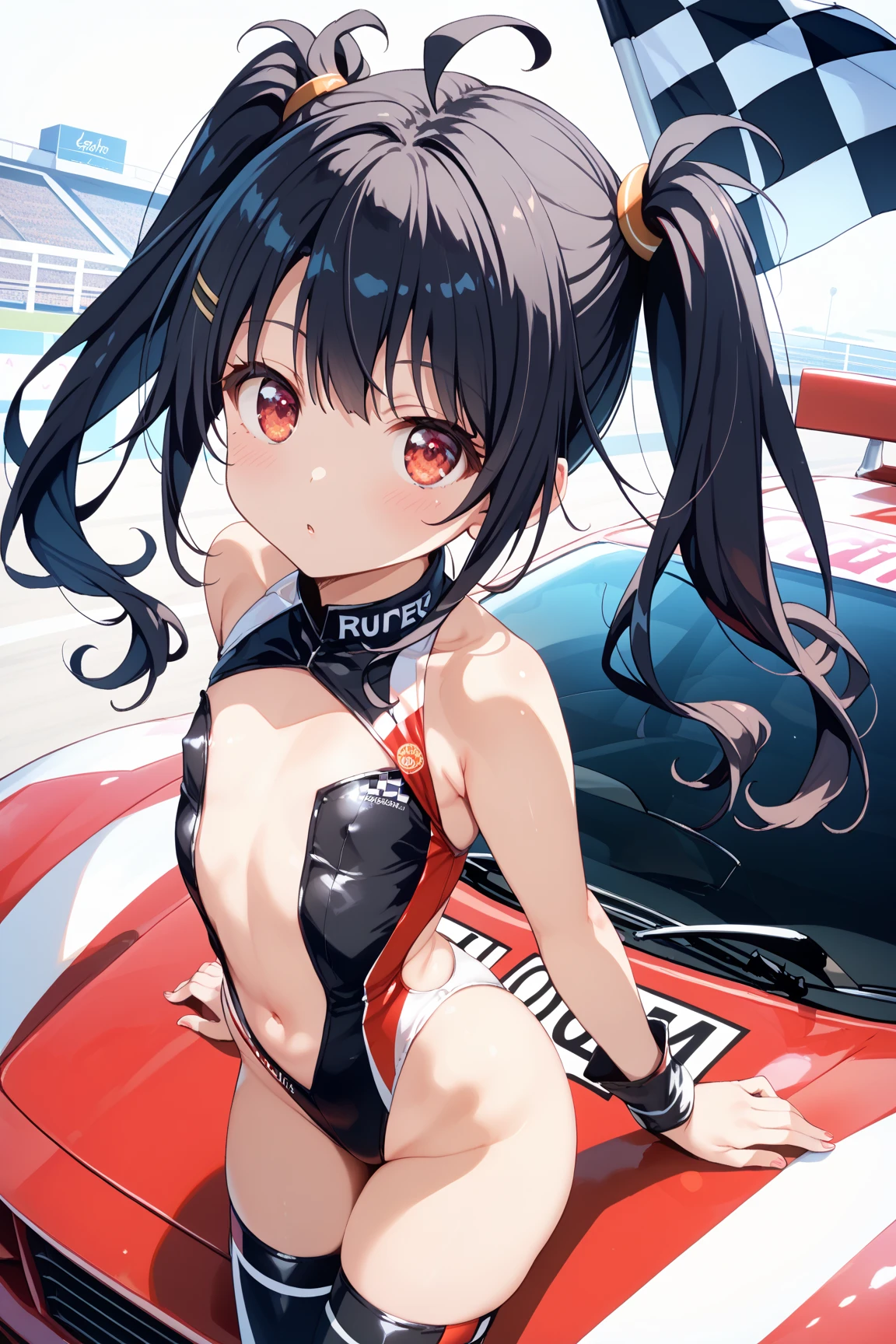 Highest quality,masterpiece,Auto racing circuit,Gravure idol,Revealing swimsuit,Checkered Flag,smile,Race Queen,They are kind enough to pose for photos