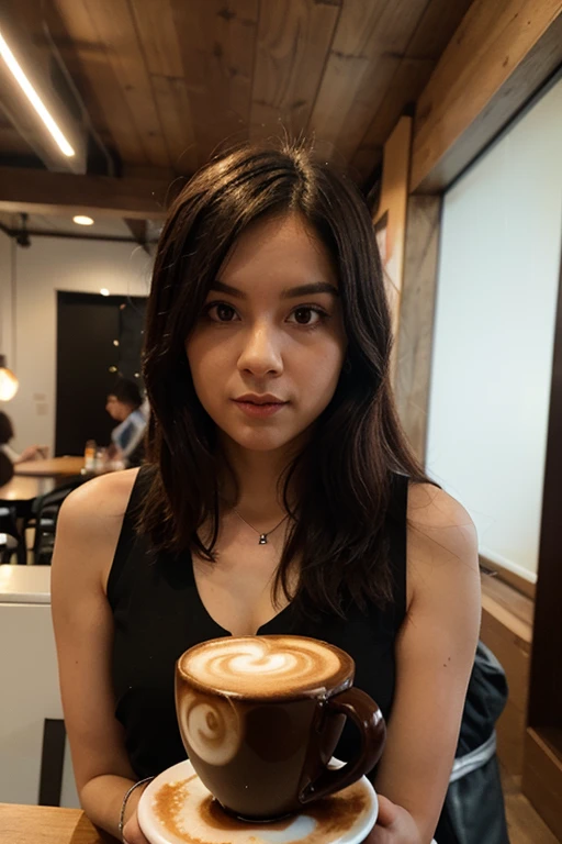 1 woman with bangs long hair and hair bow smiling drinking matcha latte