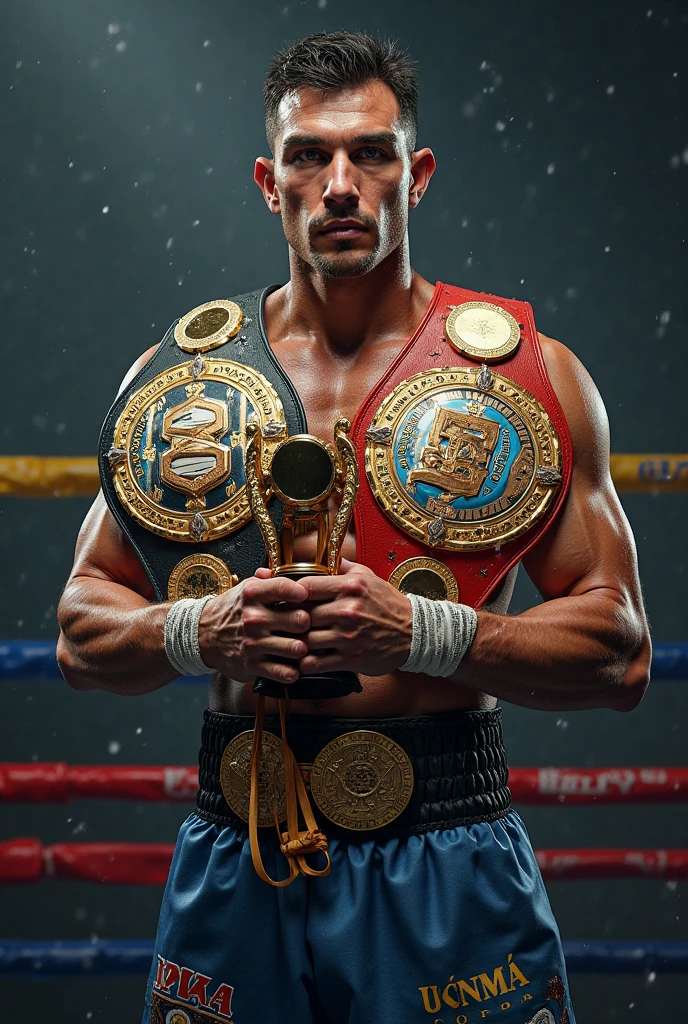 Draw a white teacup boxer,short black hair with a championship belt and golden gloves