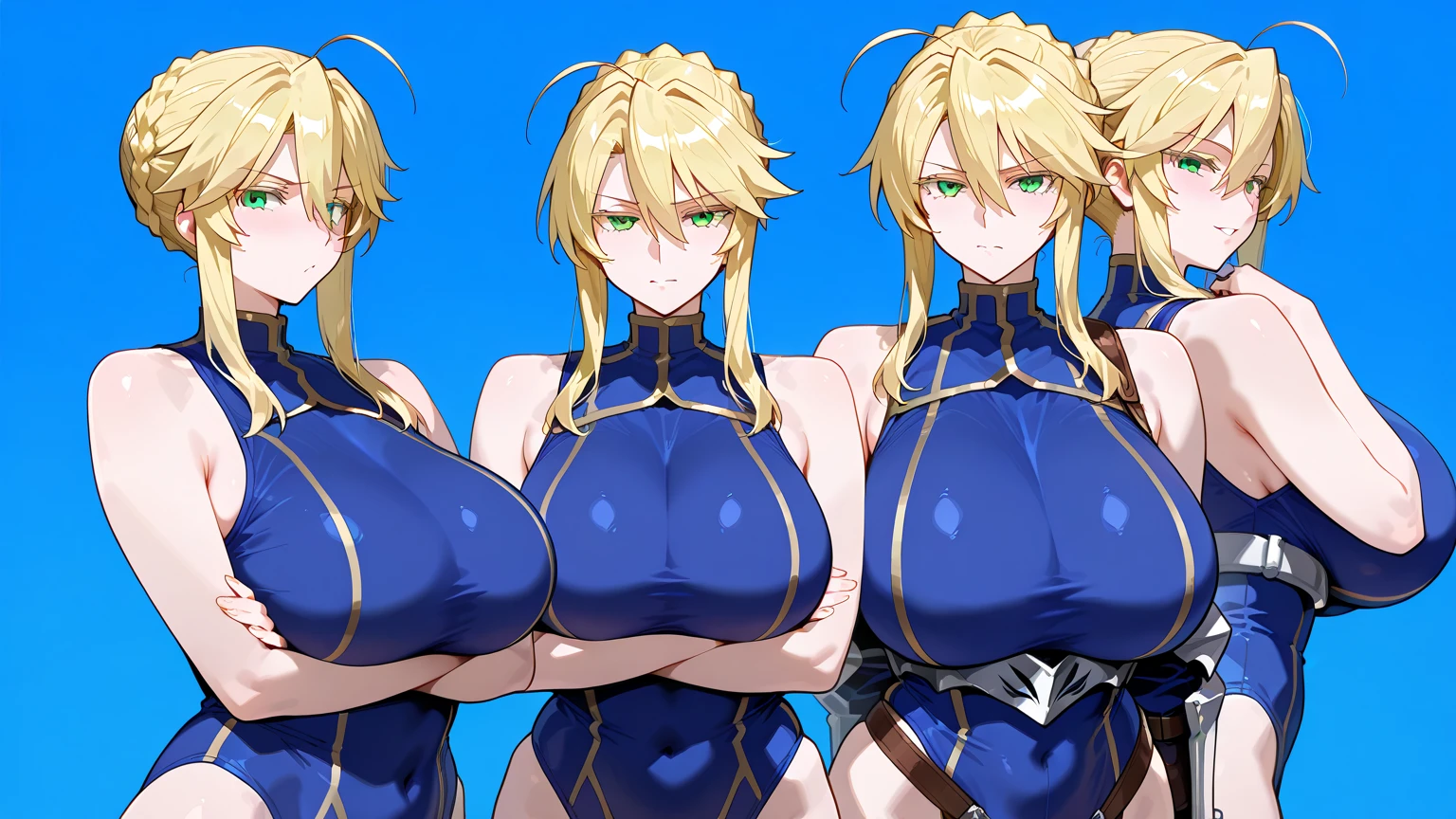 (masterpiece),(ultra-detailed), (high quality), (high resolution), (best quality:1.5, highres, UHD), highres, absurdo, ultra detail, ultra quality, ((2heads:1.5)), 1girl, (long hair), (blonde hair), azul blue hair, glowing green eyes, cleavage, thighs, (purple armor), female warrior, insignia, (fully armored), (medieval outfit), armored breasts, armored chest piece, gorgeous female knight, Guild Clothes with Armor, ((mature woman)), seductive silhouette, smooth and lustrous skin, sexy proportions, slim legs, ((beautifully tall and slim woman)), futuristic city, gentle smile