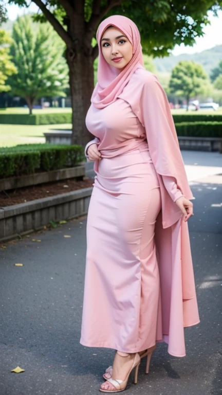 (Close Up),RAW, Best quality, high resolution, masterpiece: 1.3), beautiful Malay woman in hijab,Masterpiece, perfect fit body, ((Huge breast)), big gorgeous eyes, Soft smile,beautiful face,thick thighs, woman in beige sweater and white long skirt, layered skirt, wearing long eloquent skirt, lacy outfit, white and light pink outfit, wearing elegant outfit, attractive outfit, in pastel shades, modern muslim outfit, image full body, located in flower garden, Excellent lighting, Bright colors, Clean lines